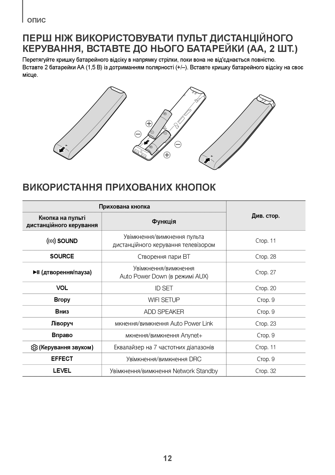 Samsung HW-K950/RU manual Використання Прихованих Кнопок, Прихована кнопка, Функція, Дтворення/пауза 