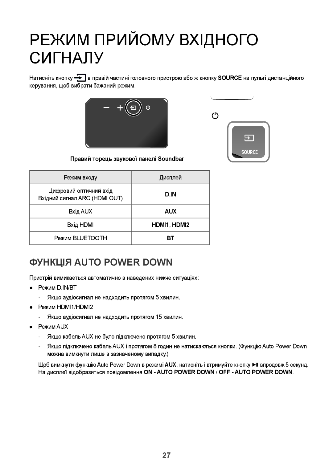 Samsung HW-K950/RU manual Режим прийому вхідного сигналу, Функція Auto Power Down, Режим входу Дисплей 