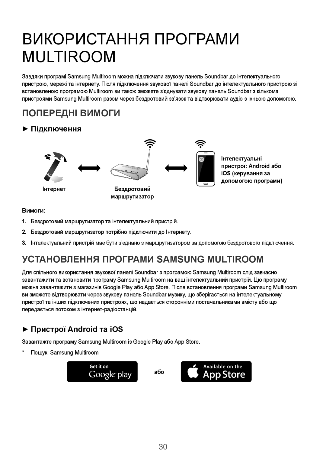 Samsung HW-K950/RU manual Використання Програми Multiroom, Попередні Вимоги, Установлення Програми Samsung Multiroom 