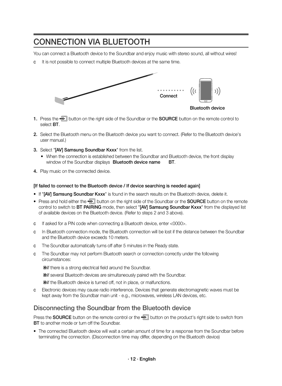 Samsung HW-K950/XV manual Connection VIA Bluetooth, Disconnecting the Soundbar from the Bluetooth device, · 12 · English 