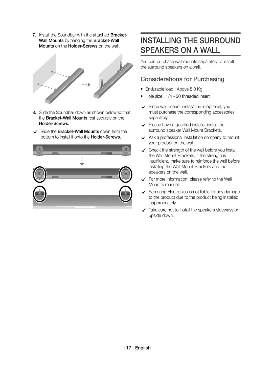 Samsung HW-K950/XV manual Installing the Surround Speakers on a Wall, Considerations for Purchasing 