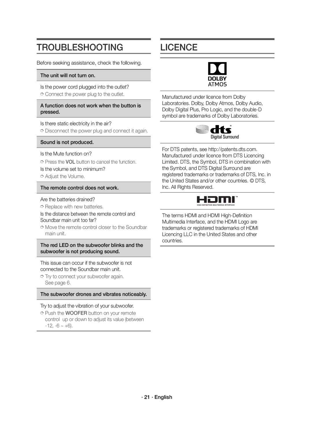 Samsung HW-K950/XV manual Troubleshooting, Licence, Sound is not produced Is the Mute function on? 