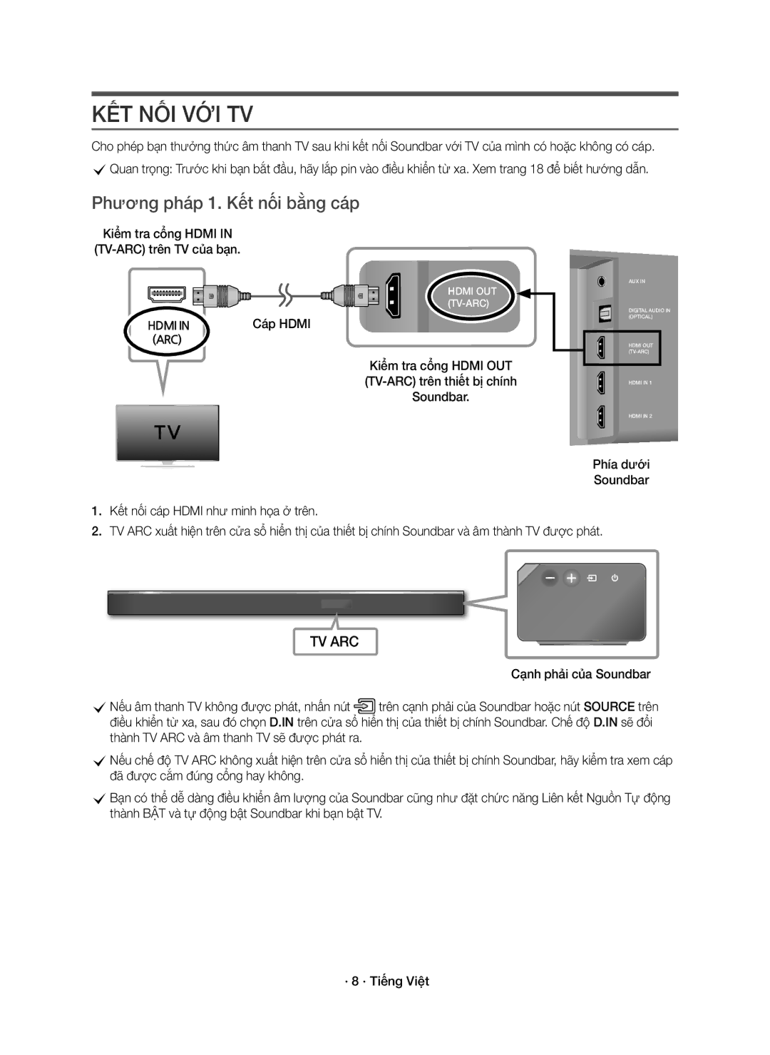 Samsung HW-K950/XV manual Kết Nối Với Tv, Phương pháp 1. Kết nối bằng cáp, Kiểm tra cổng Hdmi TV-ARC trên TV của bạn 