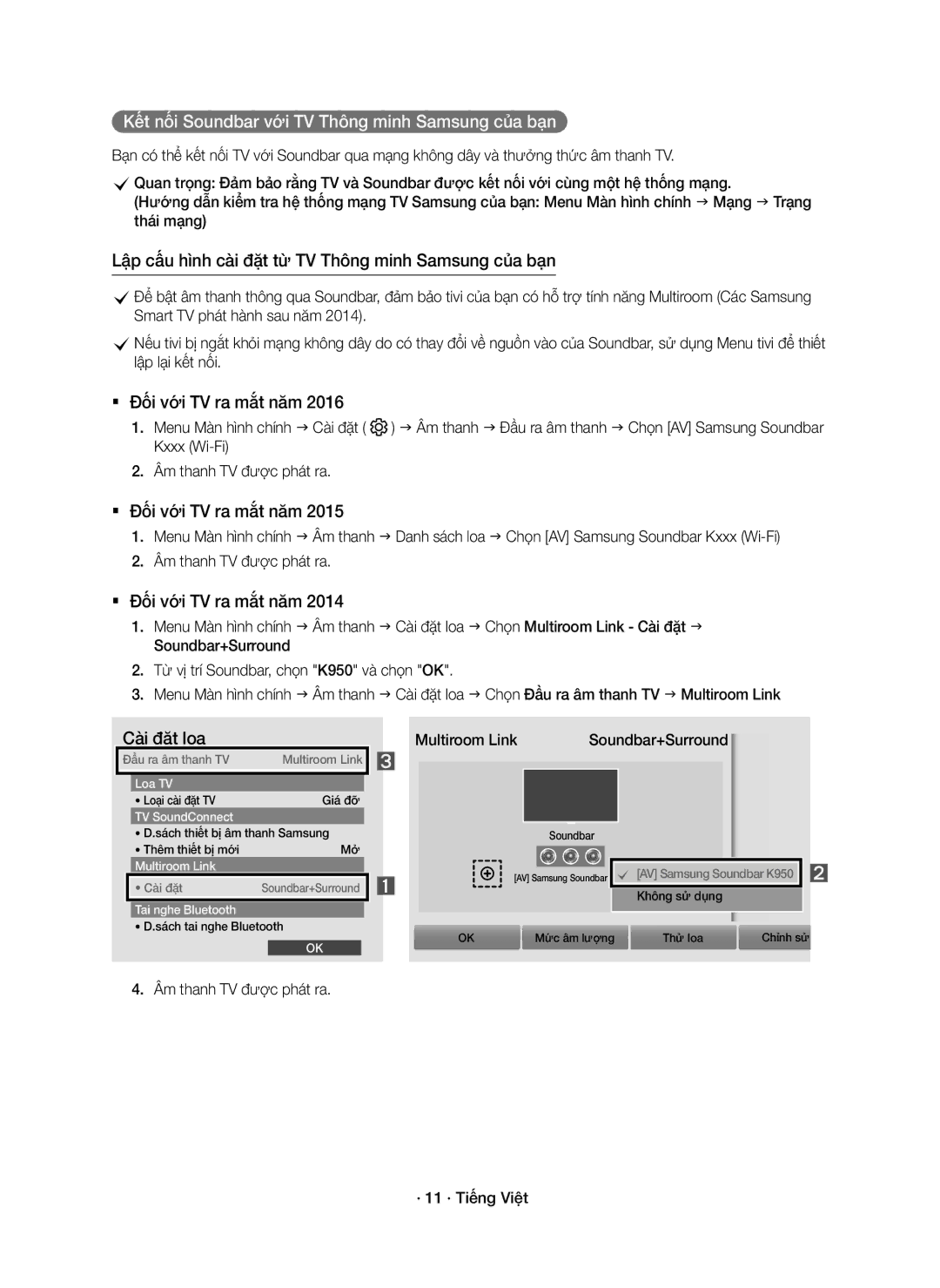 Samsung HW-K950/XV manual Multiroom Link Soundbar+Surround, Âm thanh TV được phát ra · 11 · Tiếng Việt 