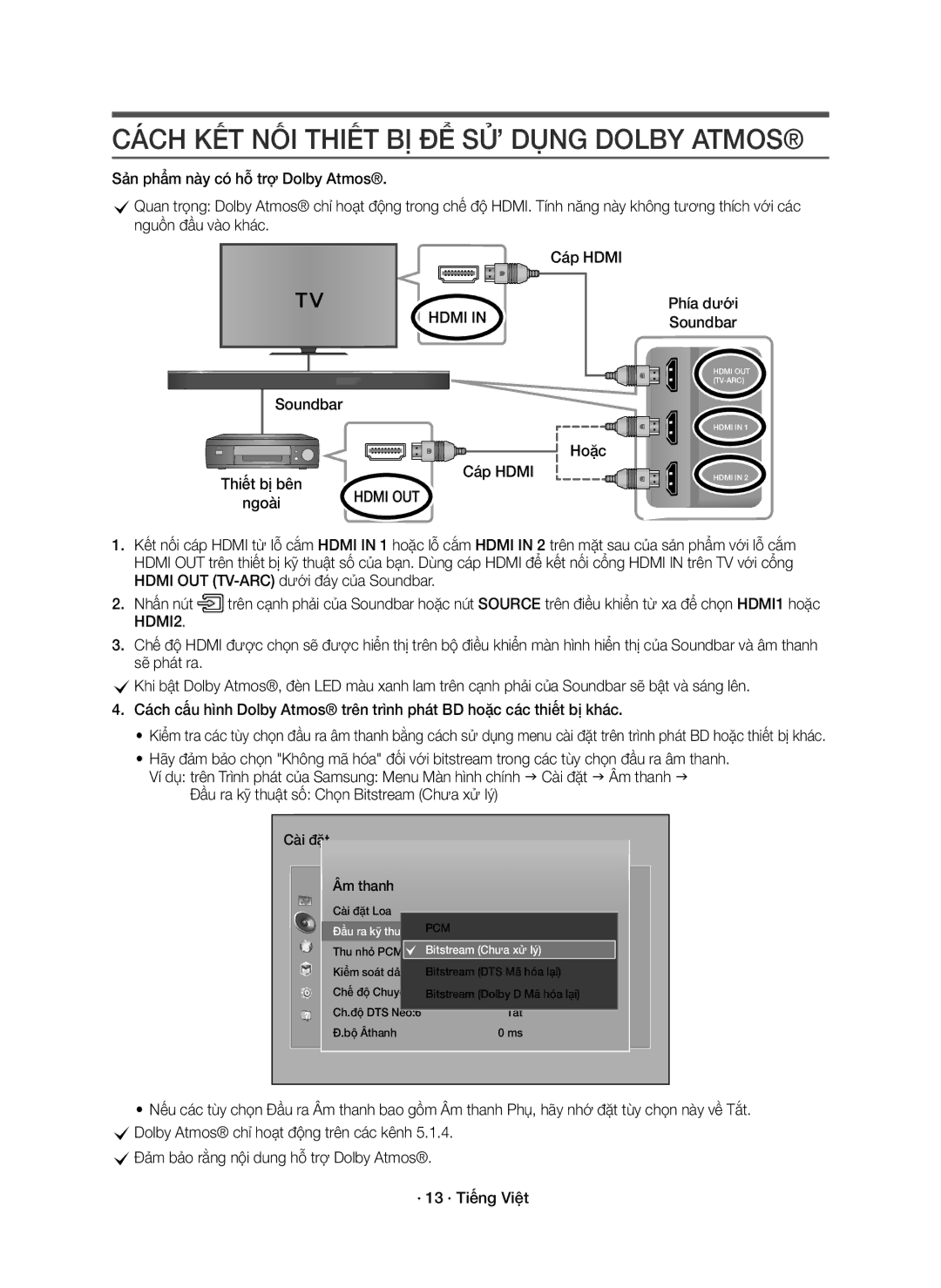 Samsung HW-K950/XV manual Cách KẾT NỐI Thiết BỊ ĐỂ SỬ Dụng Dolby Atmos, Hoặc Cáp Hdmi Thiết bị bên, Ngoài 