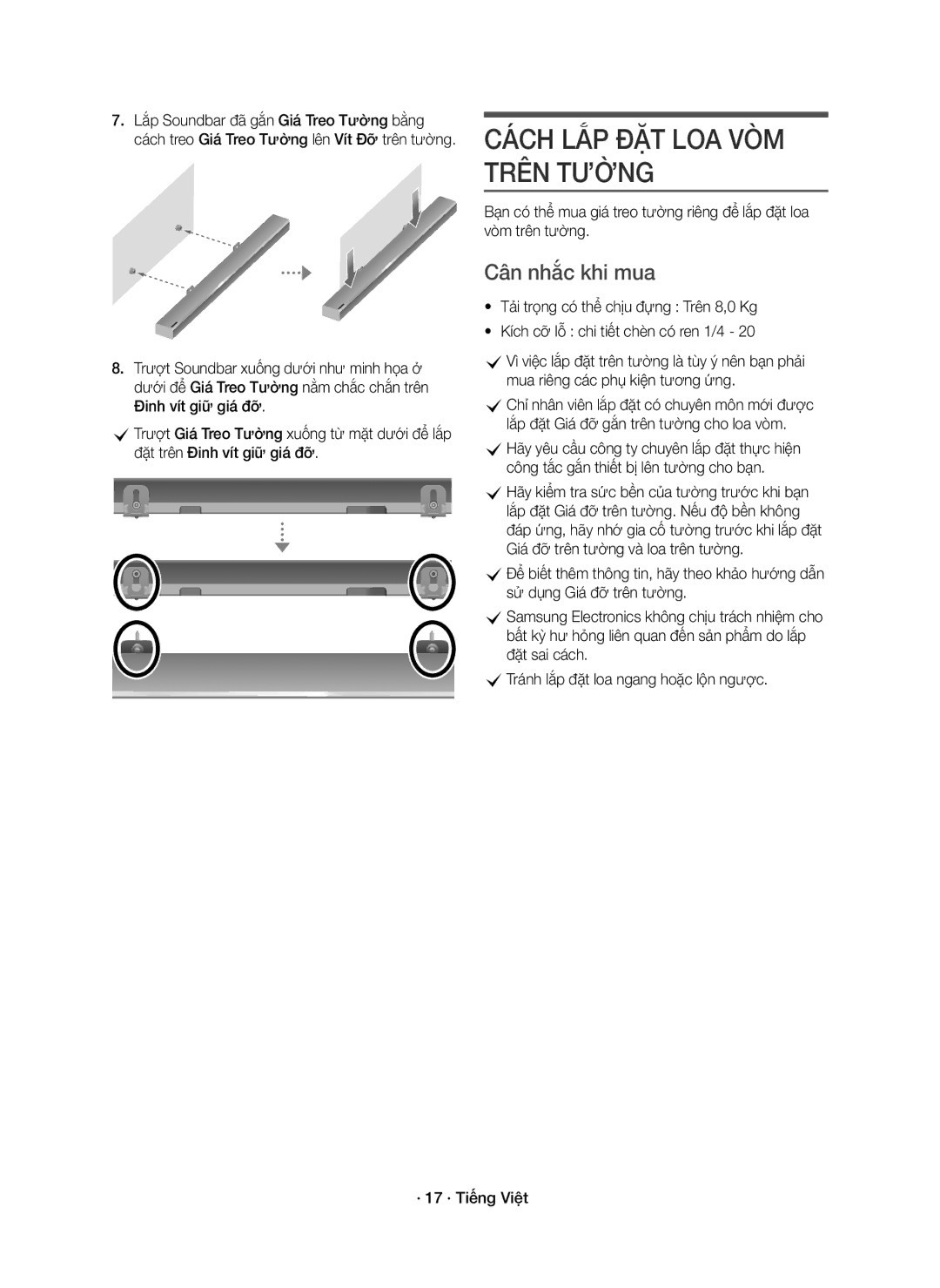 Samsung HW-K950/XV manual Cách LẮP ĐẶT LOA VÒM Trên Tường, Cân nhắc khi mua 
