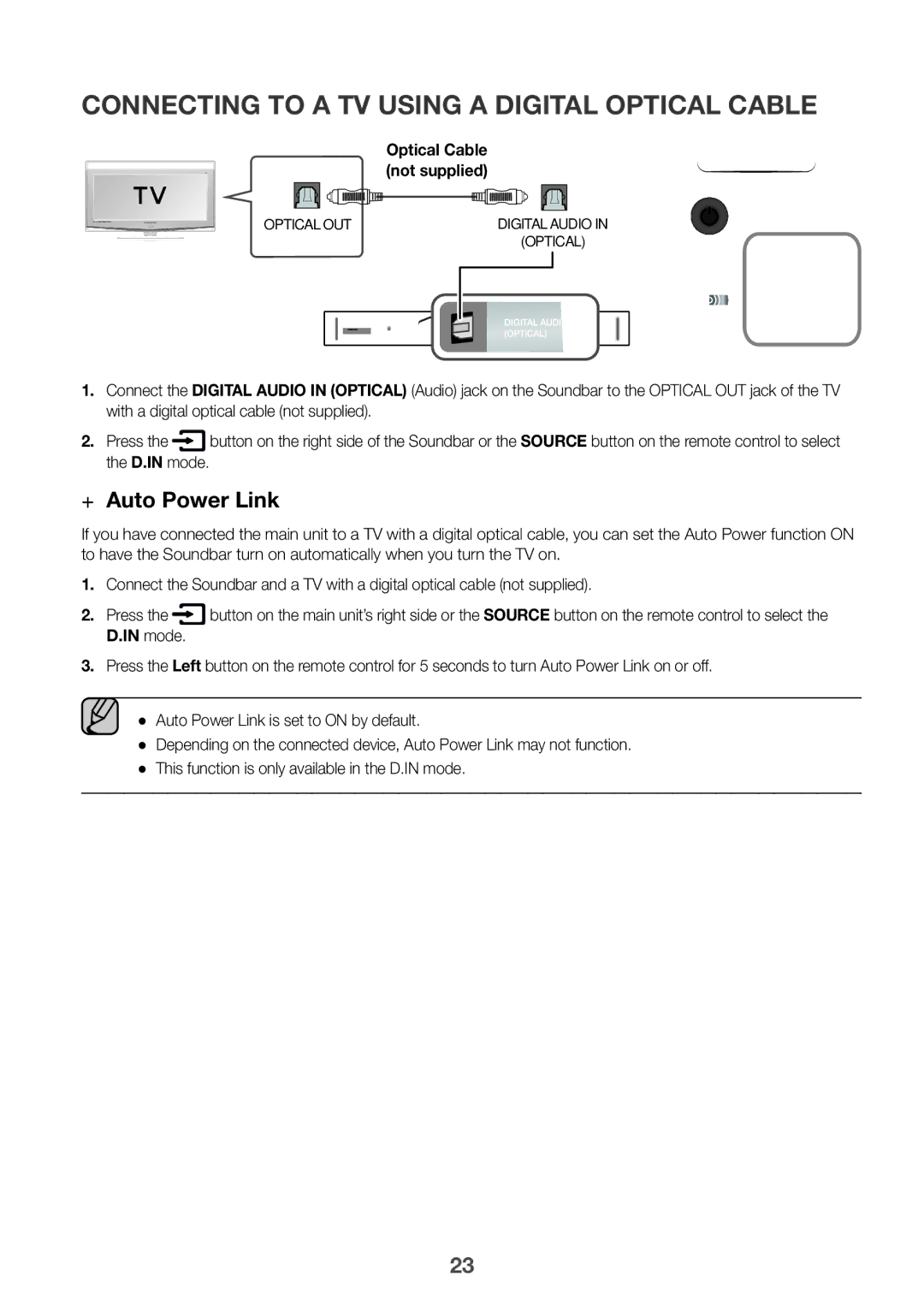 Samsung HW-K950/XV Connecting to a TV Using a Digital Optical Cable, ++Auto Power Link, Optical Cable not supplied, Mode 