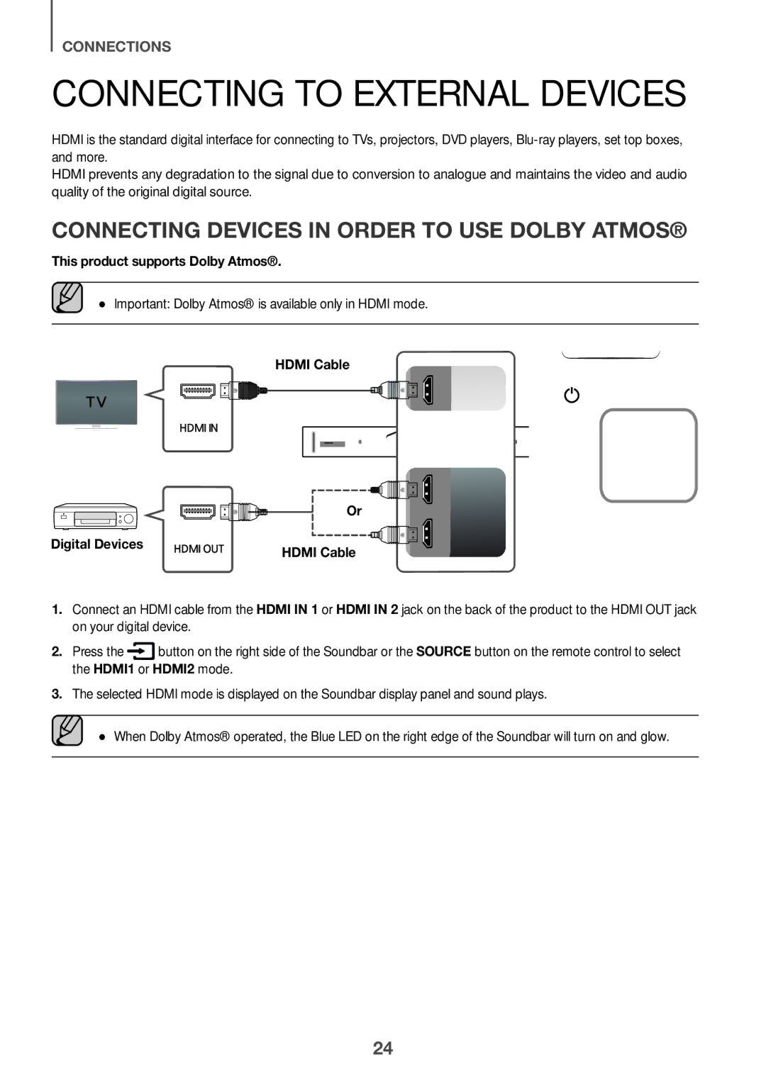 Samsung HW-K950/XV manual Connecting to External Devices, Connecting Devices in Order to Use Dolby Atmos, Digital Devices 