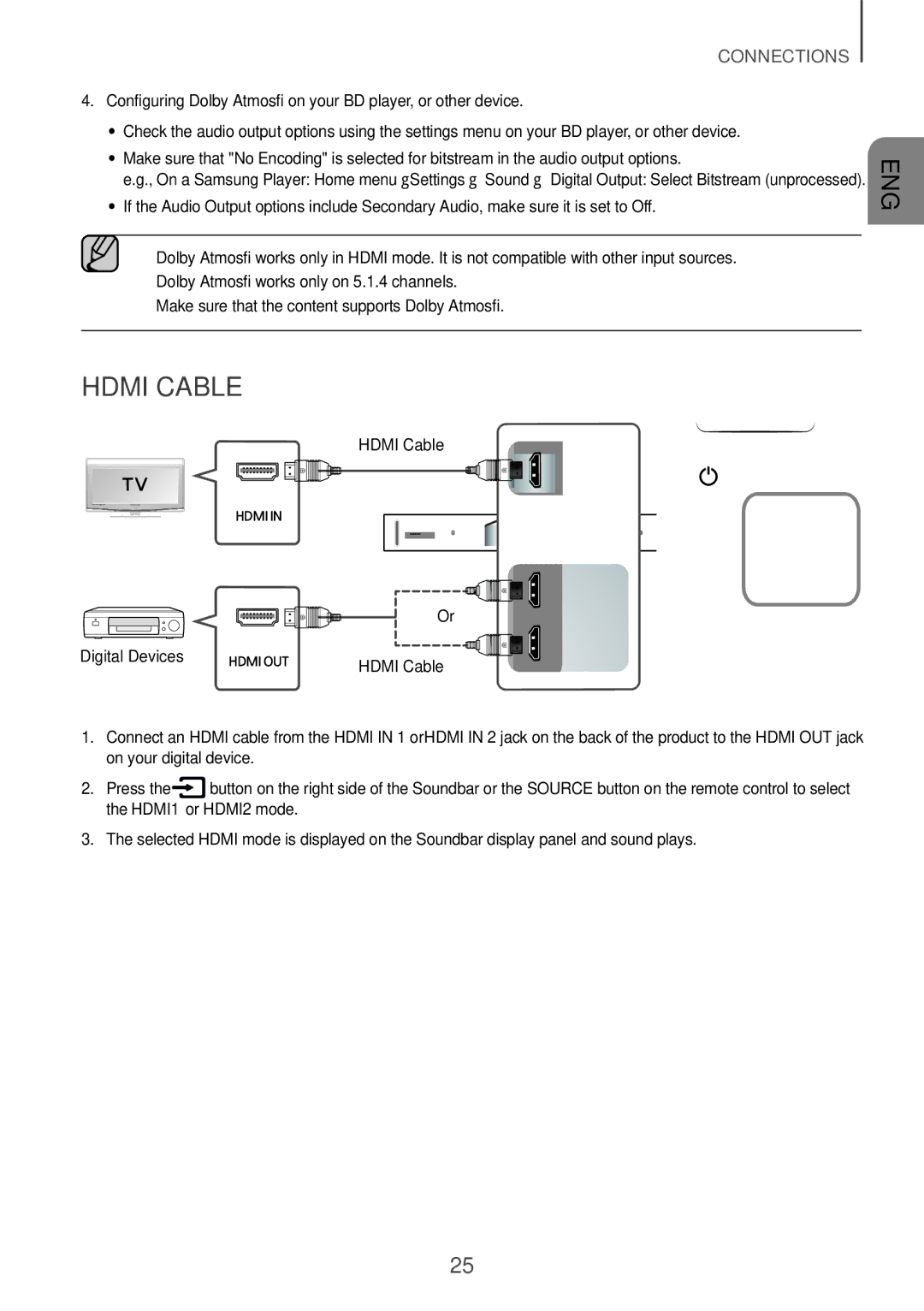 Samsung HW-K950/XV manual Hdmi Cable, Configuring Dolby Atmos on your BD player, or other device 