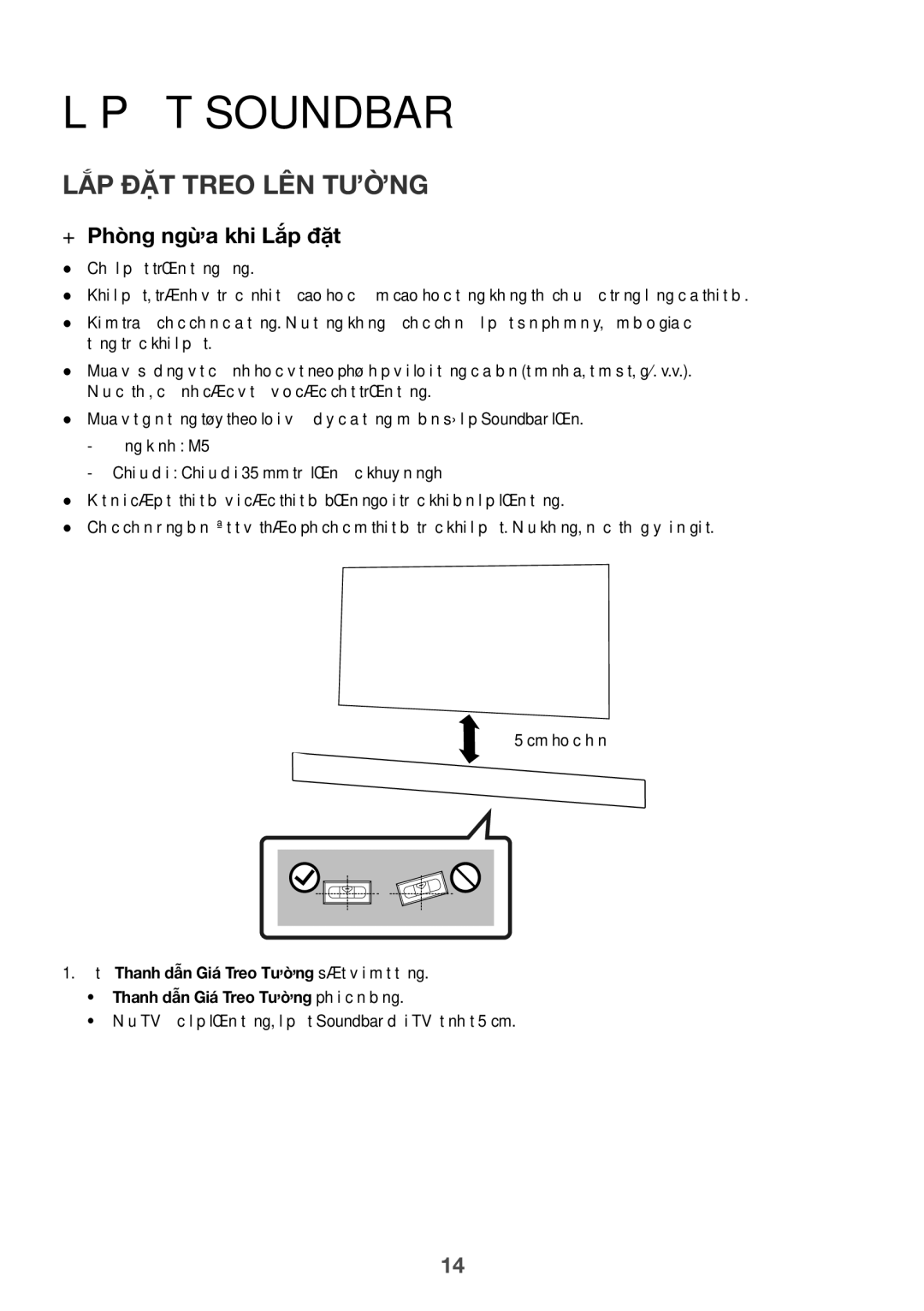 Samsung HW-K950/XV manual Lắp đặt Soundbar, LắpP đặ̣t treo lên tường, ++Phòng ngừ̀a khi Lắ́p đặ̣t 