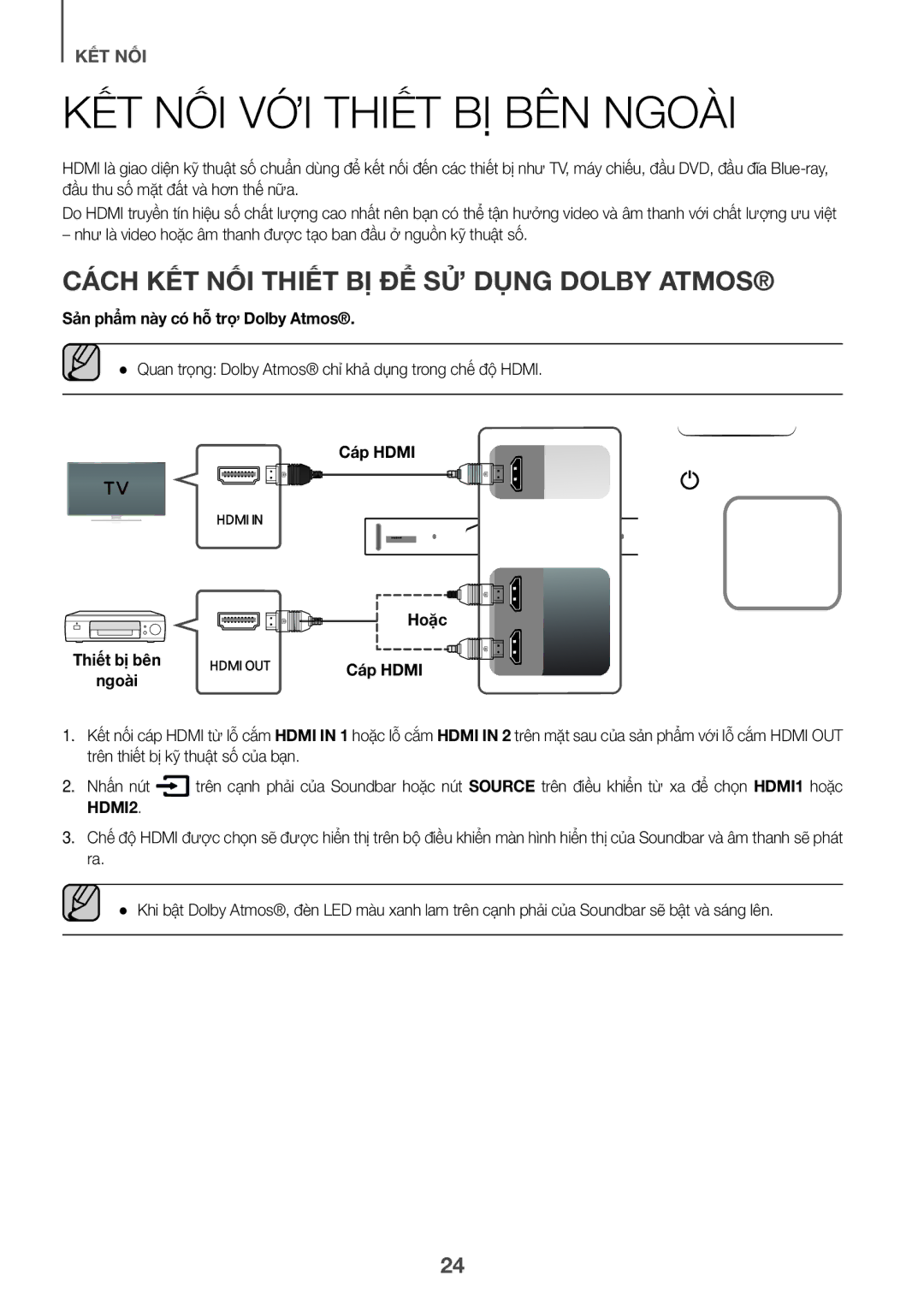 Samsung HW-K950/XV manual KếtT nối Vớ́i ThiếtT bị̣ Bên ngoà̀i, CáchH kết nối thiết bị để sử̉ dụ̣ng Dolby Atmos, Thuật 