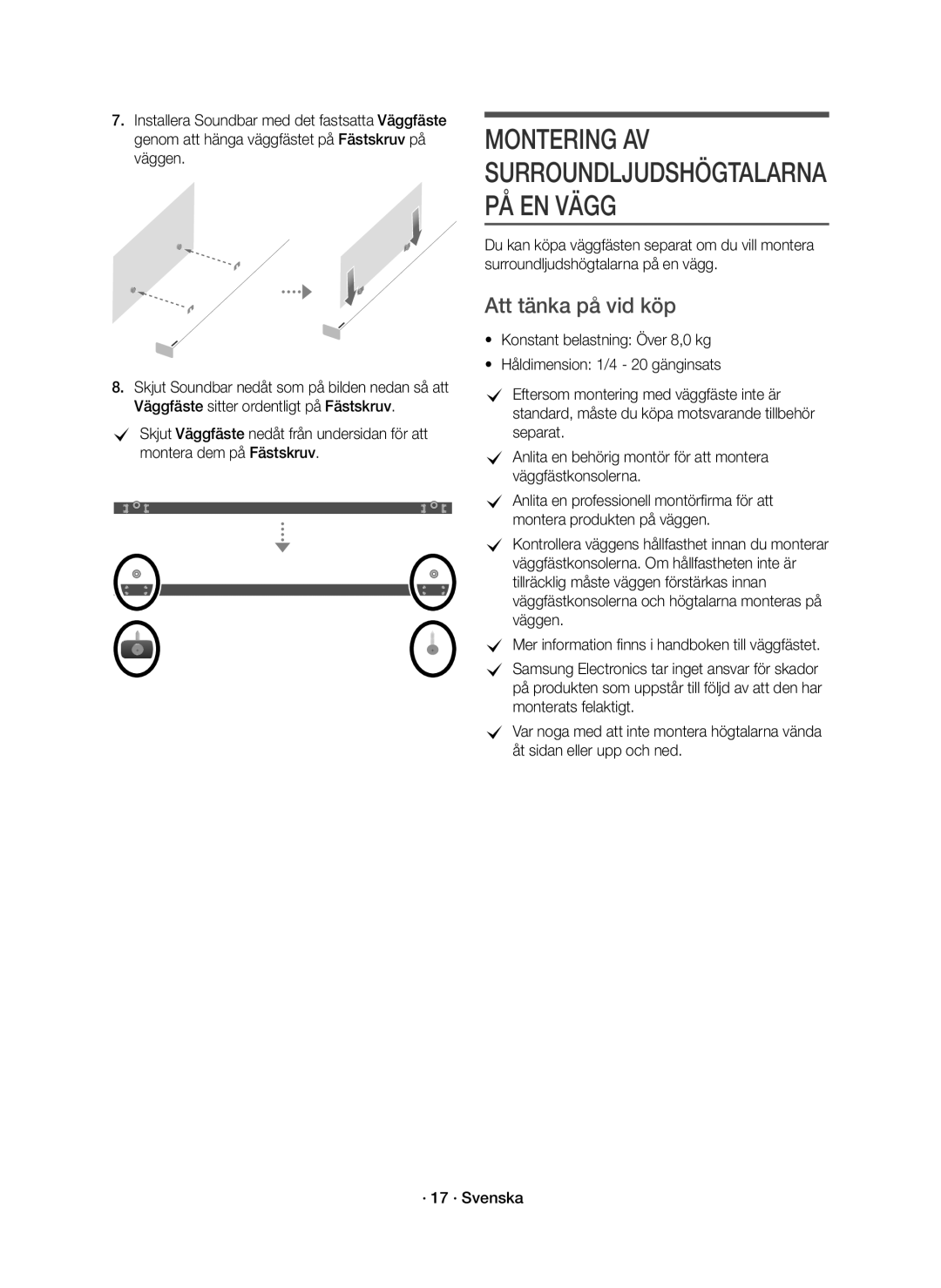 Samsung HW-K960/XE manual Montering AV Surroundljudshögtalarna PÅ EN Vägg, Att tänka på vid köp 