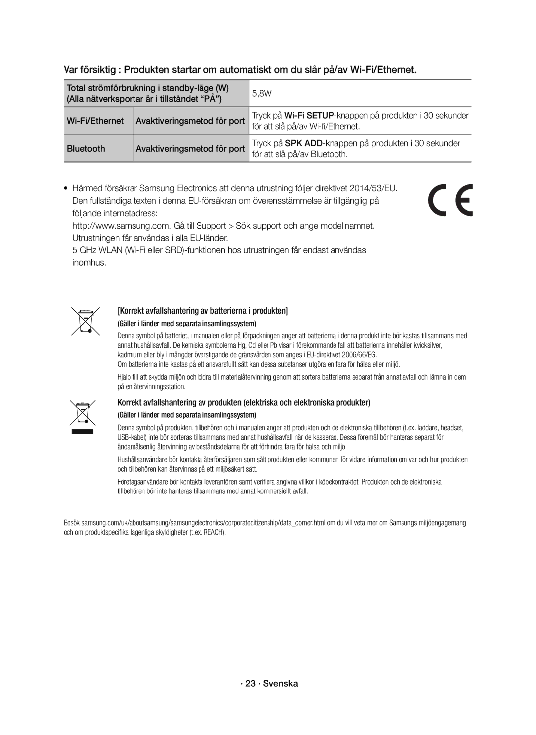 Samsung HW-K960/XE För att slå på/av Wi-fi/Ethernet, Bluetooth Avaktiveringsmetod för port, För att slå på/av Bluetooth 