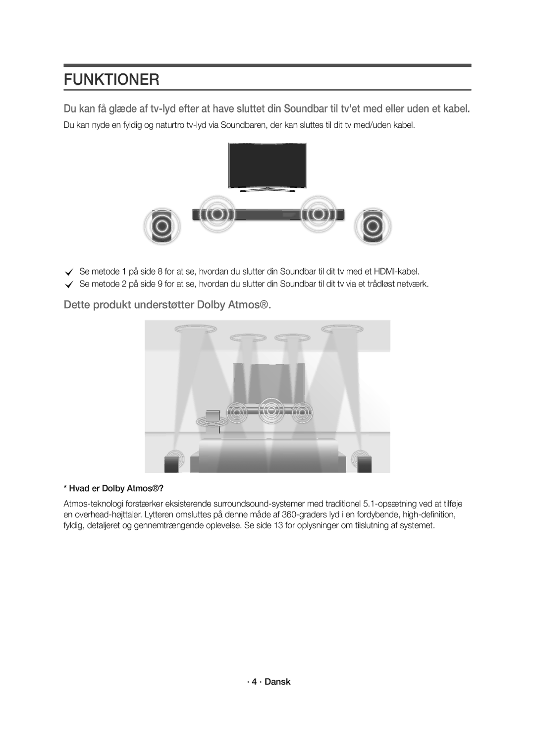 Samsung HW-K960/XE manual Funktioner, Hvad er Dolby Atmos?, · 4 · Dansk 