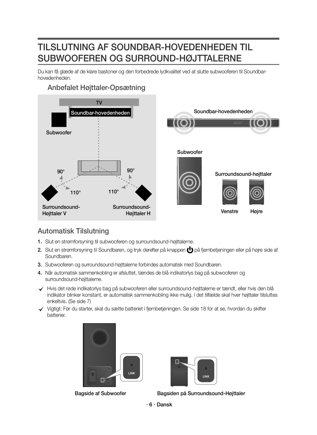 Samsung HW-K960/XE manual Anbefalet Højttaler-Opsætning, Automatisk Tilslutning 