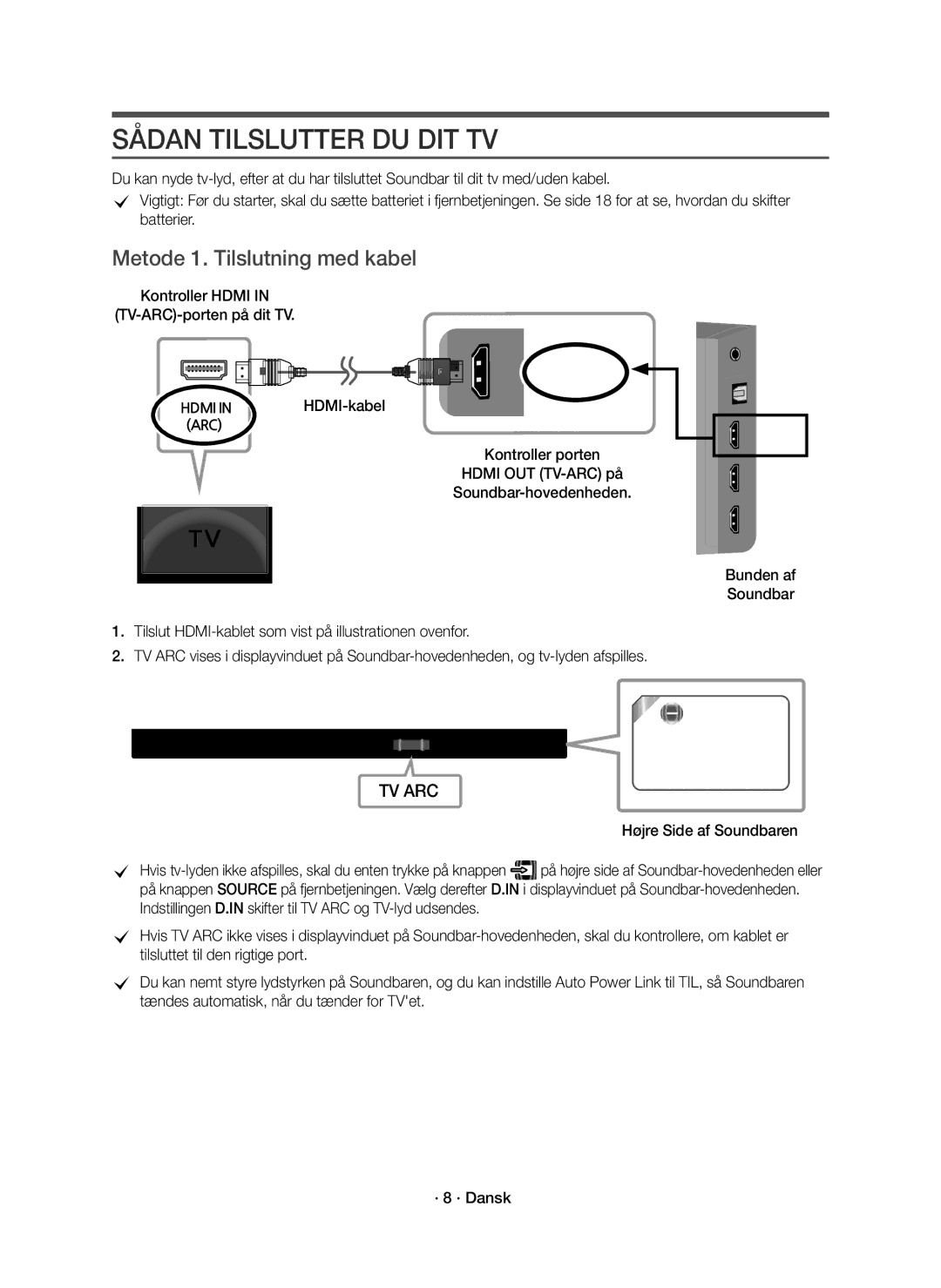 Samsung HW-K960/XE manual Sådan Tilslutter DU DIT TV, Metode 1. Tilslutning med kabel, HDMI-kabel 