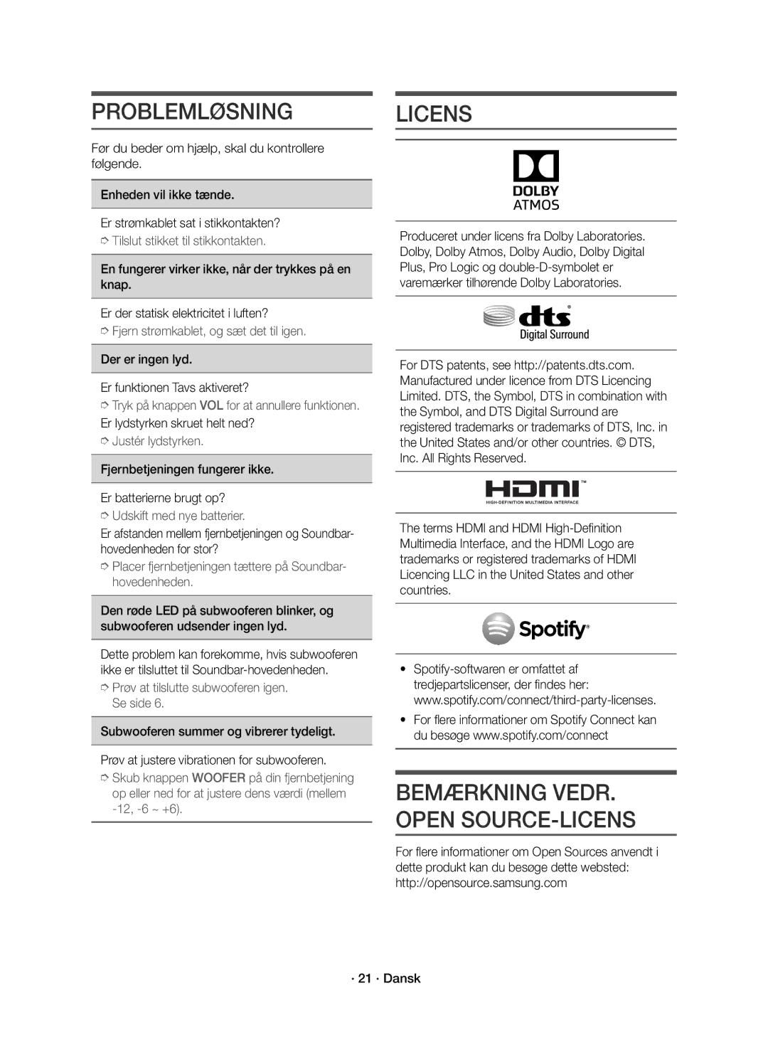 Samsung HW-K960/XE manual Problemløsning, Licens, Der er ingen lyd Er funktionen Tavs aktiveret? 