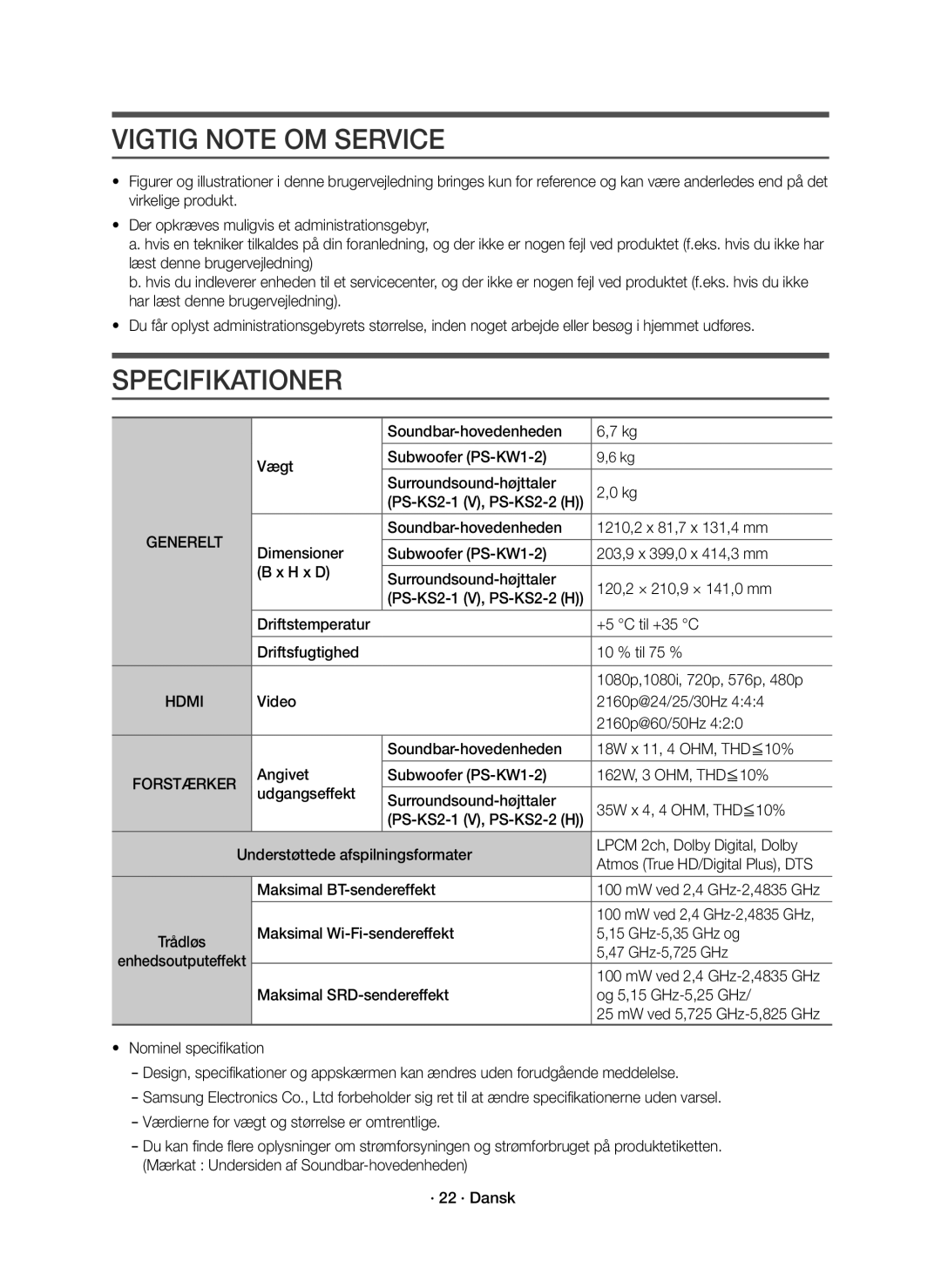 Samsung HW-K960/XE manual Vigtig Note OM Service, Specifikationer, Generelt 