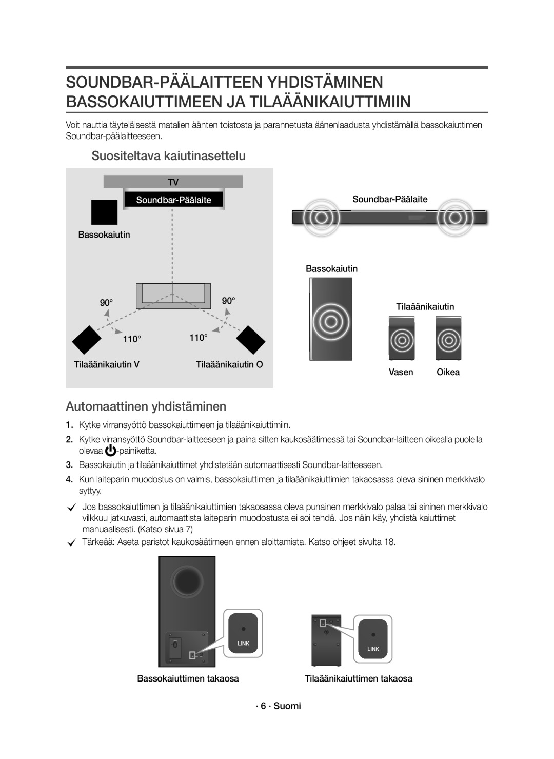 Samsung HW-K960/XE manual Suositeltava kaiutinasettelu, Automaattinen yhdistäminen 