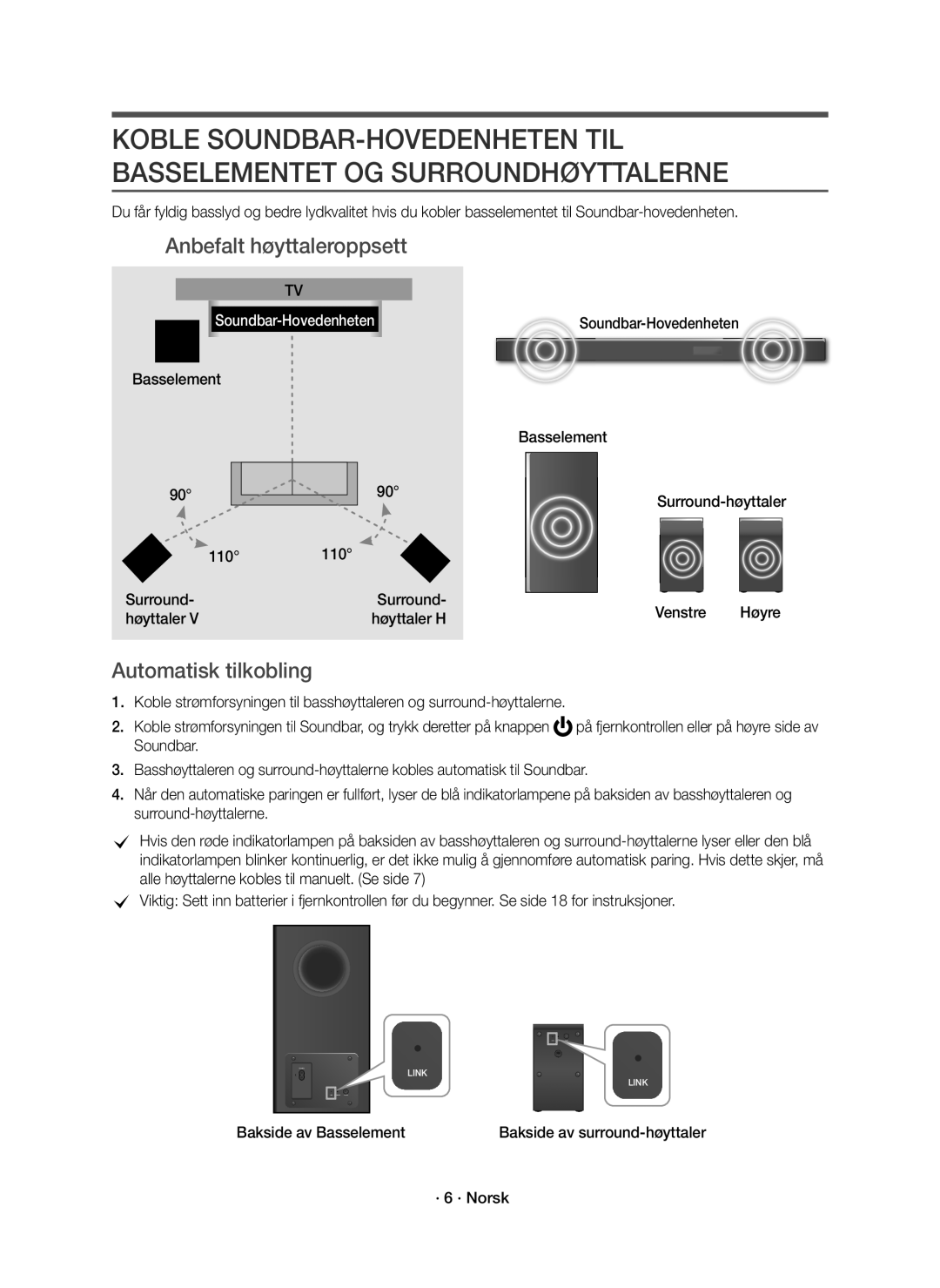 Samsung HW-K960/XE manual Anbefalt høyttaleroppsett, Automatisk tilkobling, · 6 · Norsk 