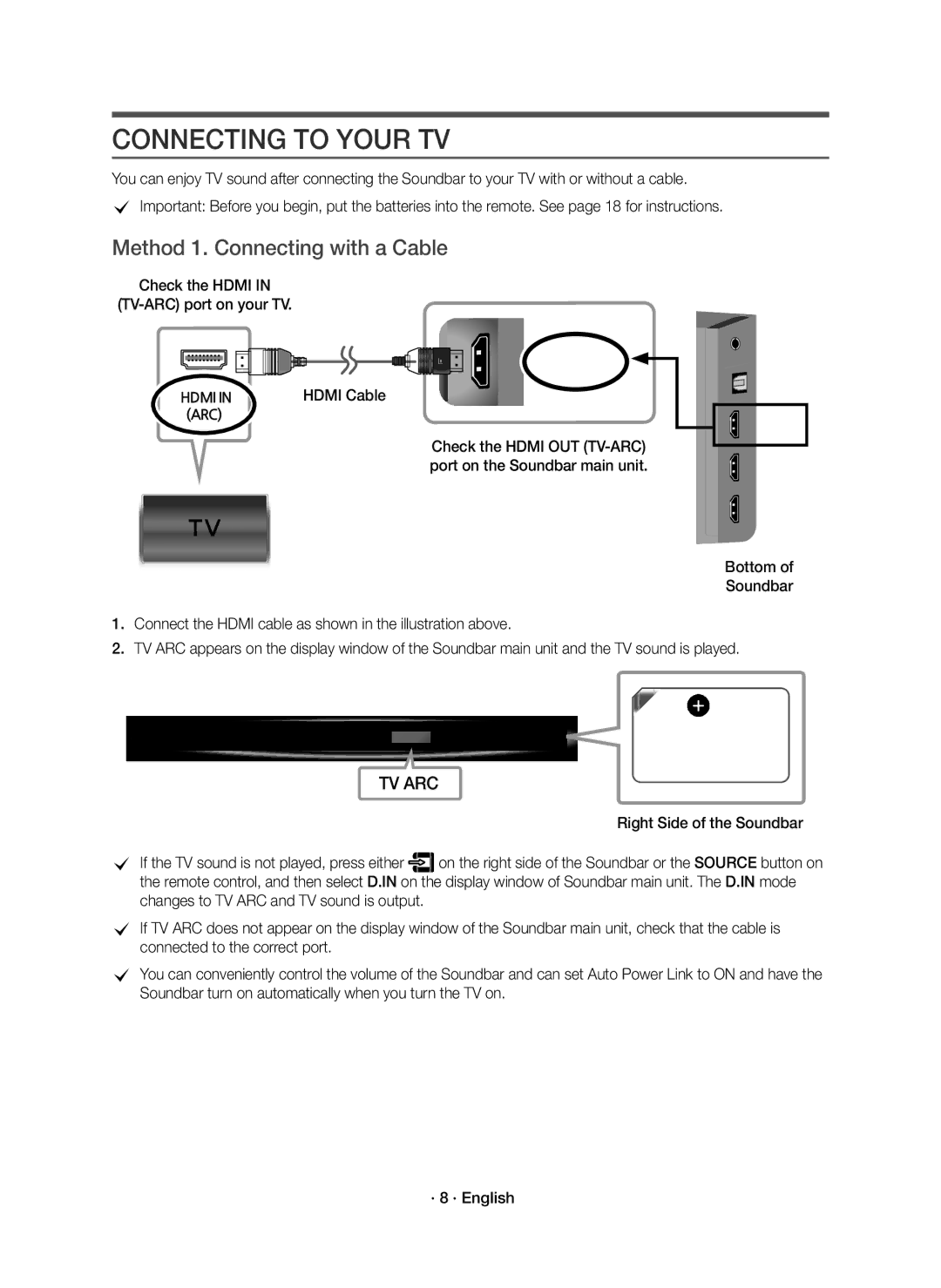 Samsung HW-K960/XE manual Connecting to Your TV, Method 1. Connecting with a Cable, Check the Hdmi TV-ARC port on your TV 