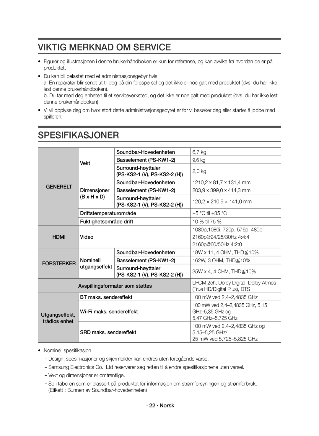 Samsung HW-K960/XE manual Viktig Merknad OM Service, Spesifikasjoner, Forsterker 