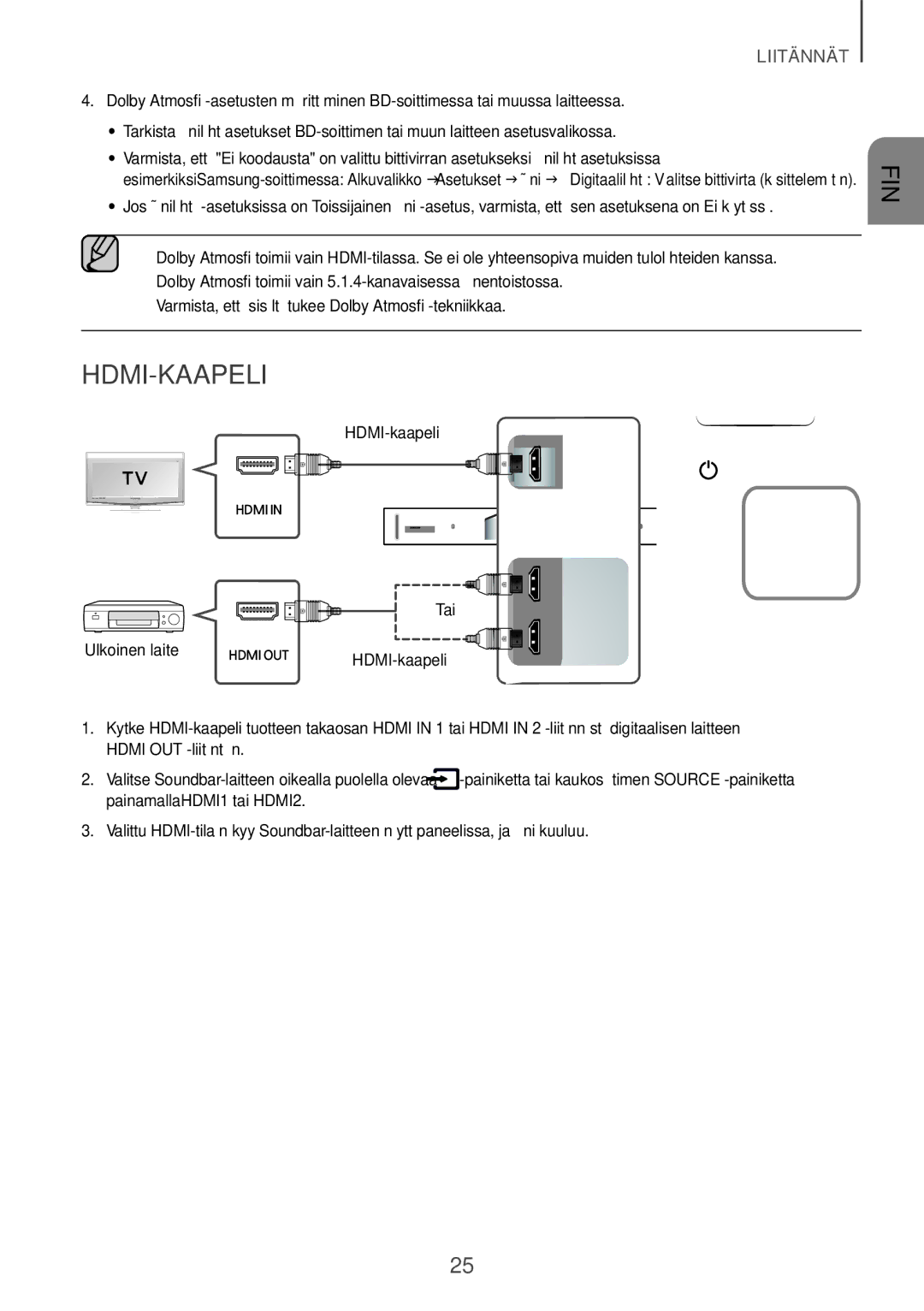 Samsung HW-K960/XE manual HDMI-kaapeli, Varmista, että sisältö tukee Dolby Atmos -tekniikkaa 