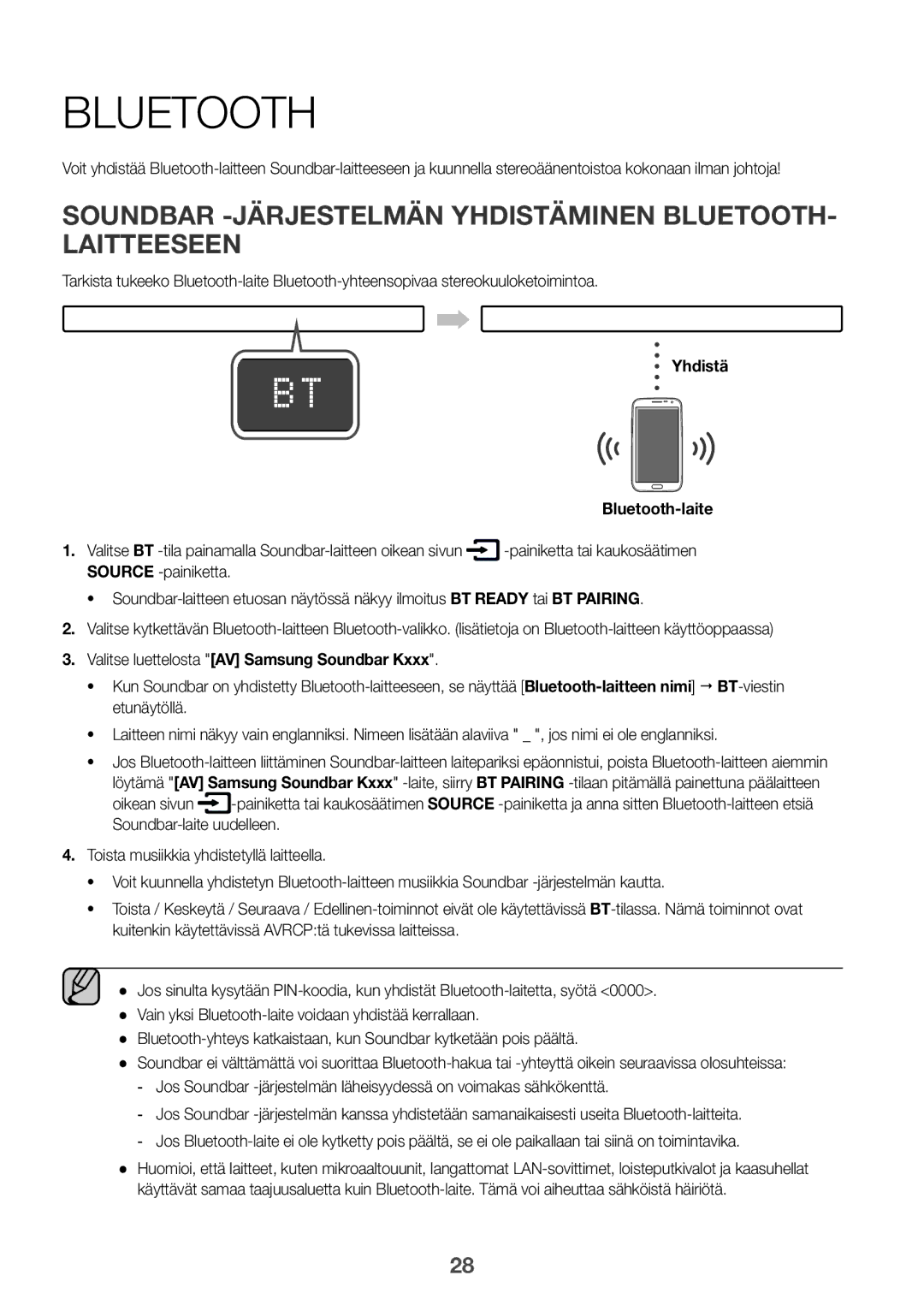 Samsung HW-K960/XE manual Soundbar -järjestelmän yhdistäminen Bluetooth- laitteeseen, Yhdistä 