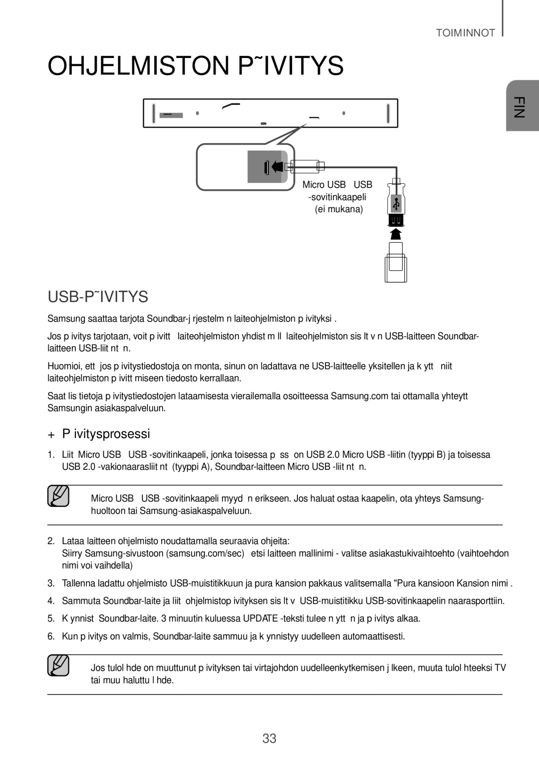 Samsung HW-K960/XE manual Ohjelmiston päivitys, USB-päivitys, ++Päivitysprosessi, Micro USB USB Sovitinkaapeli Ei mukana 