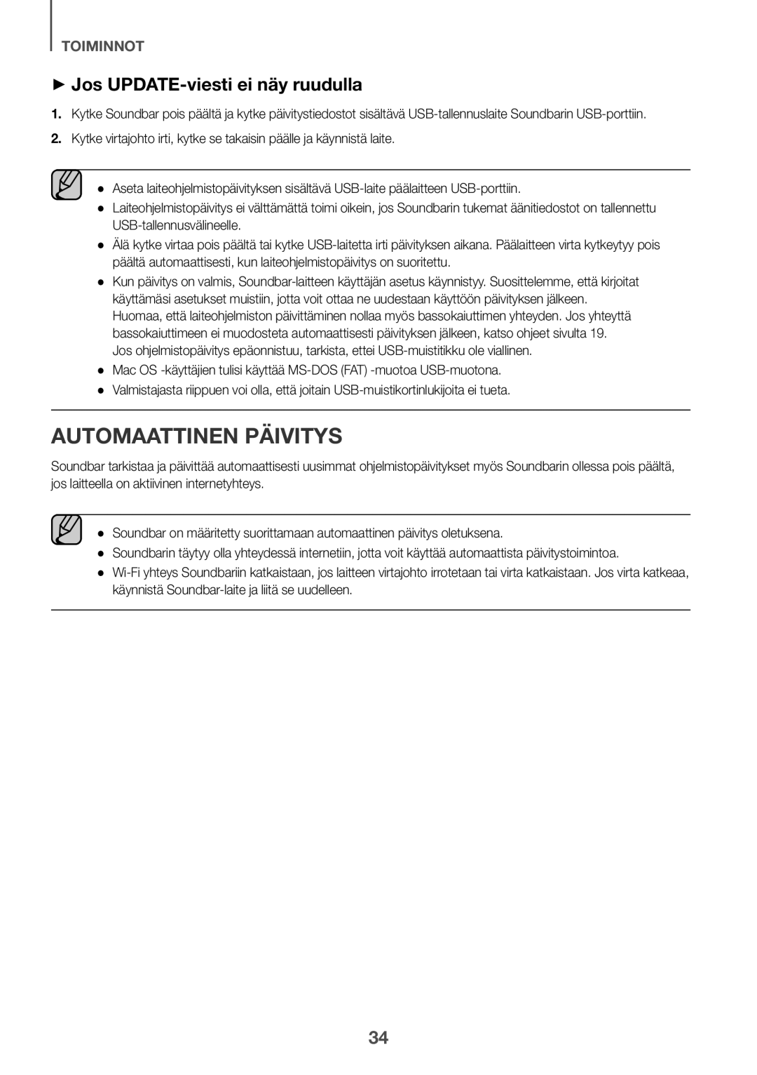 Samsung HW-K960/XE manual Automaattinen päivitys, ++Jos UPDATE-viesti ei näy ruudulla 