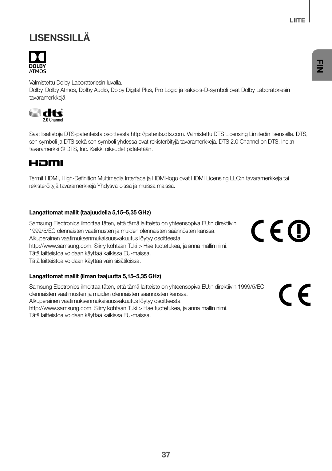 Samsung HW-K960/XE manual Lisenssillä, Langattomat mallit taajuudella 5,15-5,35 GHz 