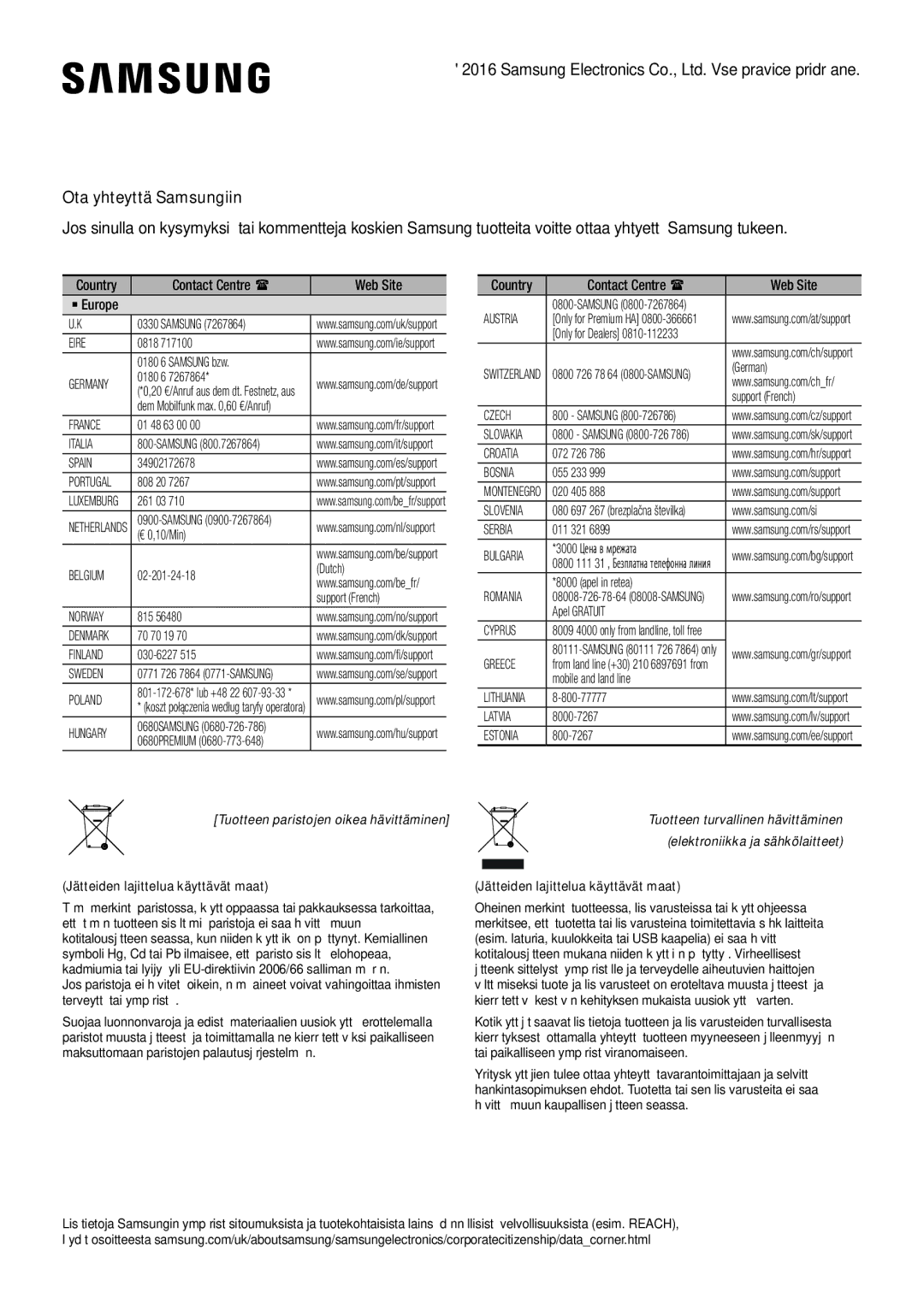 Samsung HW-K960/XE manual Ota yhteyttä Samsungiin, Jätteiden lajittelua käyttävät maat 