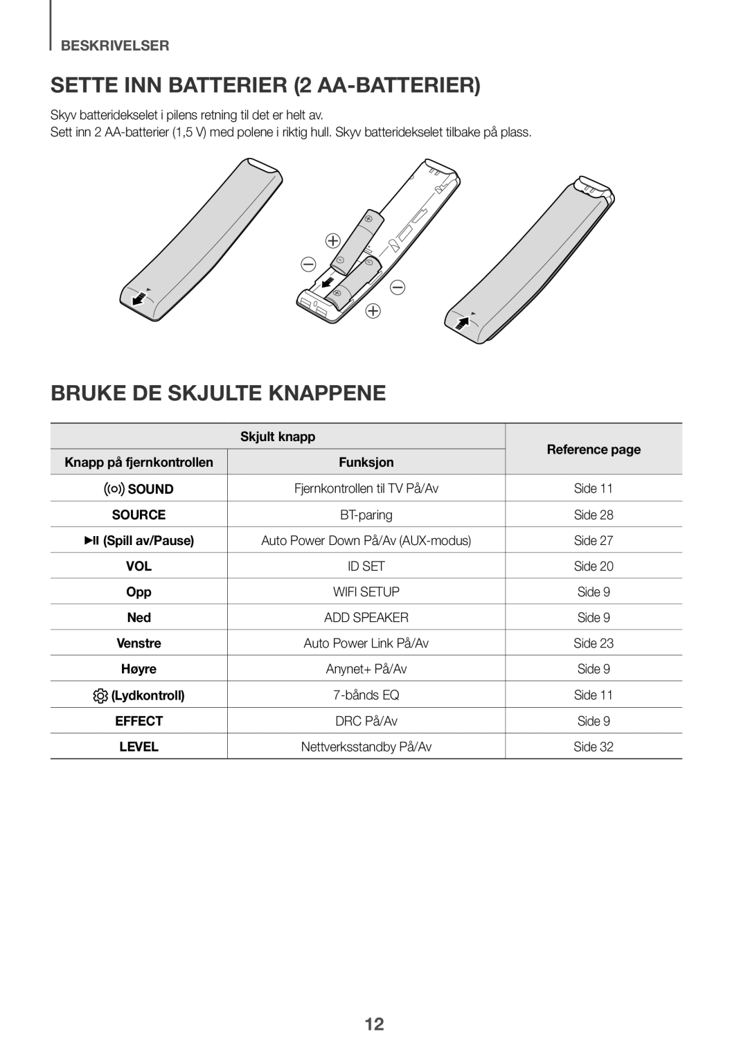 Samsung HW-K960/XE manual Sette inn batterier 2 AA-batterier, Bruke de skjulte knappene, Skjult knapp 