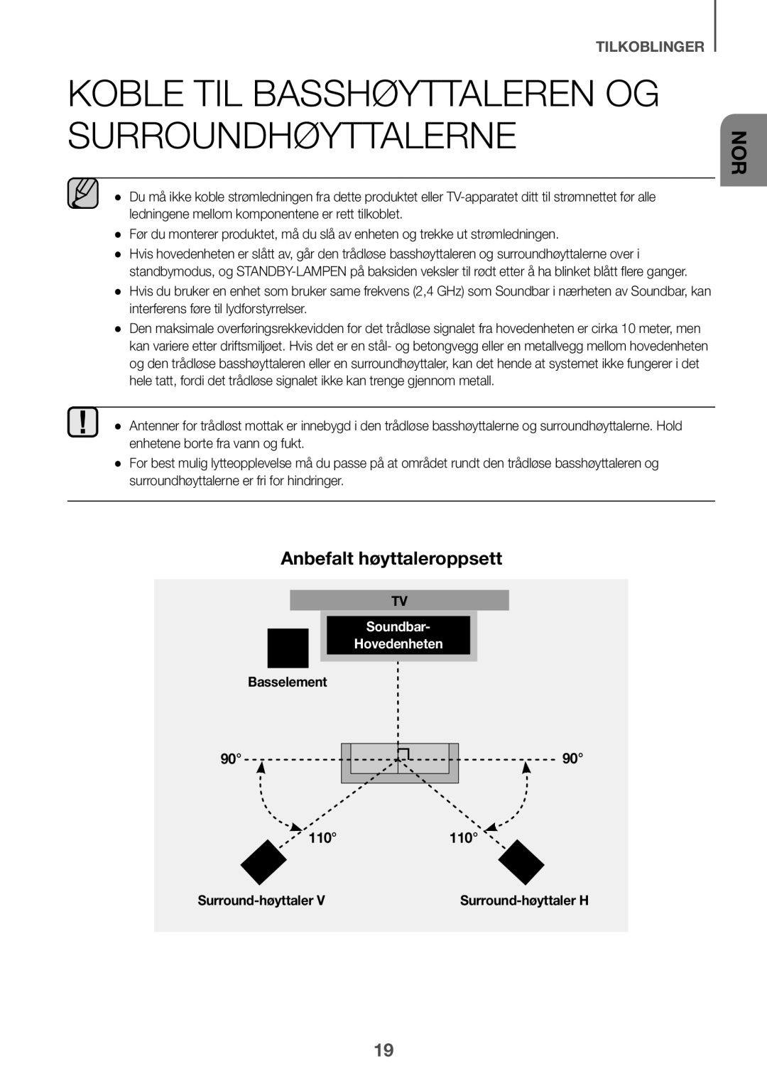 Samsung HW-K960/XE manual Koble til basshøyttaleren og surroundhøyttalerne, Anbefalt høyttaleroppsett, Basselement 