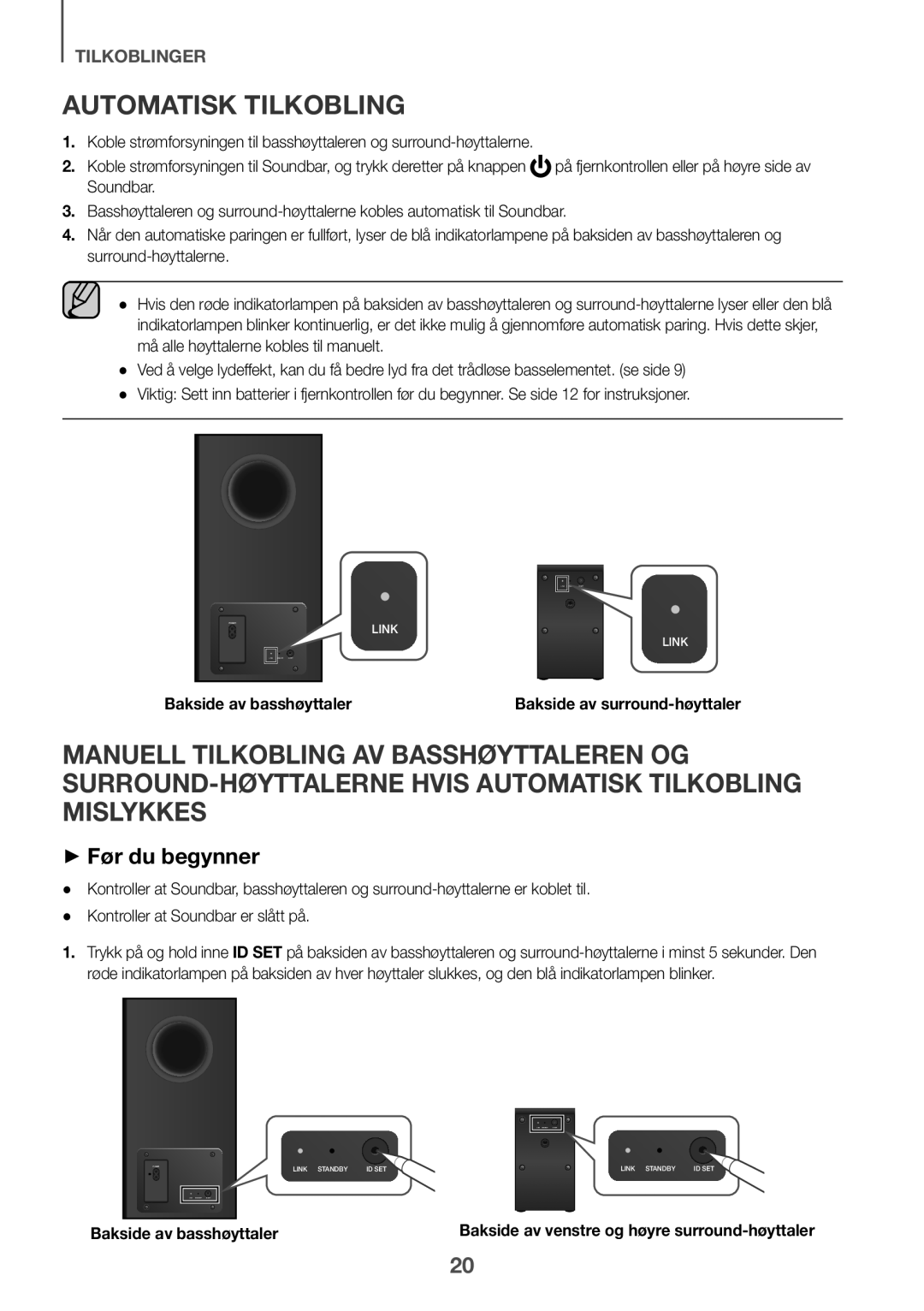 Samsung HW-K960/XE manual Automatisk tilkobling, ++Før du begynner, Bakside av basshøyttaler 