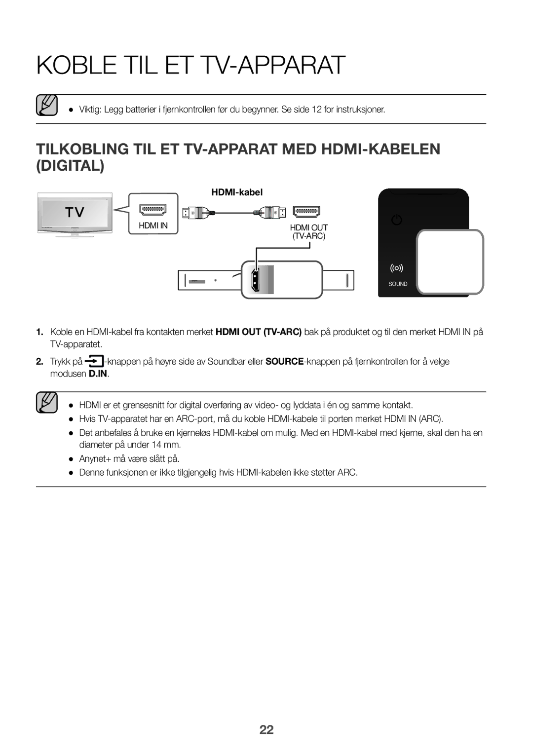 Samsung HW-K960/XE manual Koble til et TV-apparat, Tilkobling til et TV-apparat med HDMI-kabelen digital 