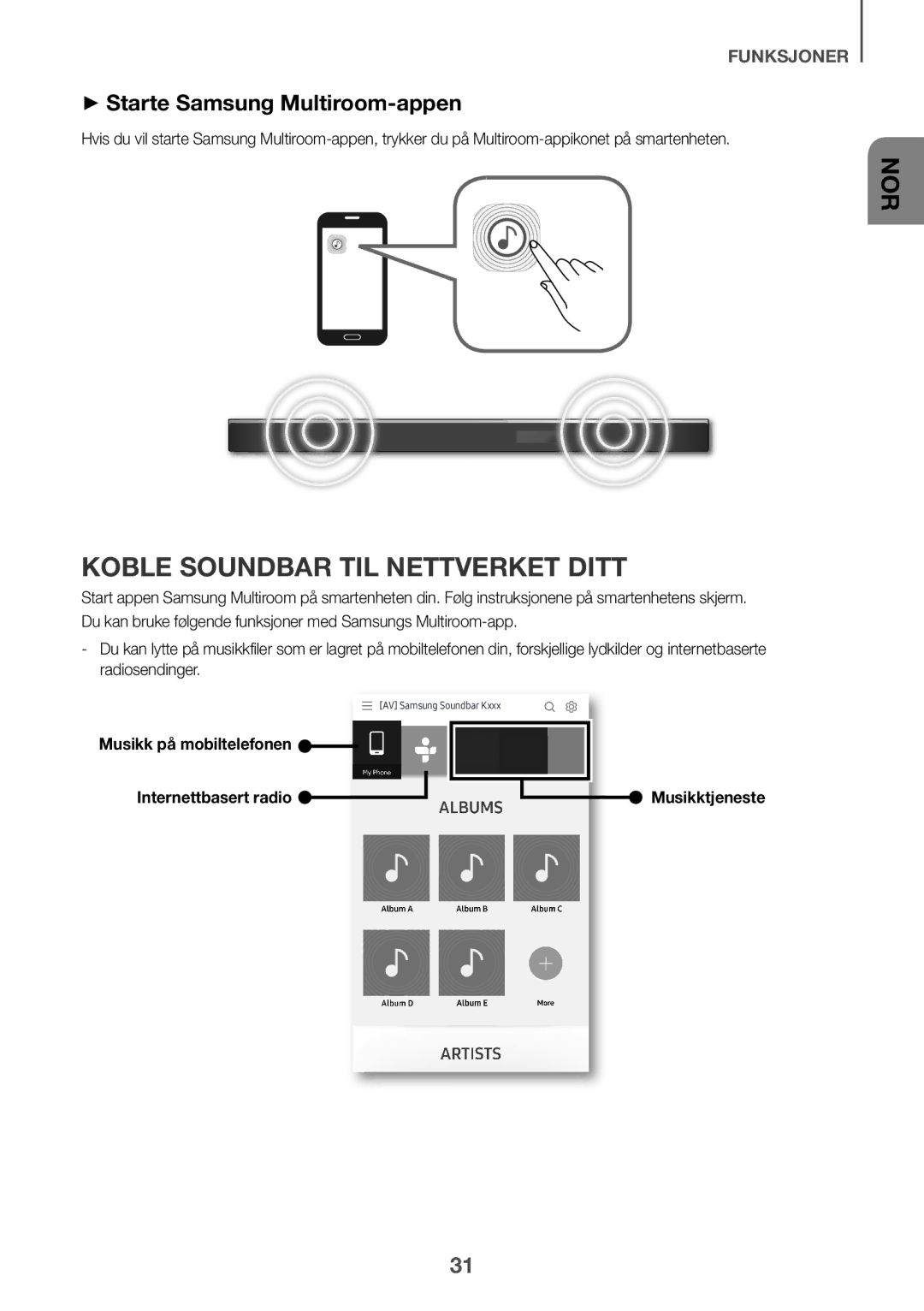 Samsung HW-K960/XE manual Koble Soundbar til nettverket ditt, ++Starte Samsung Multiroom-appen, Musikktjeneste 