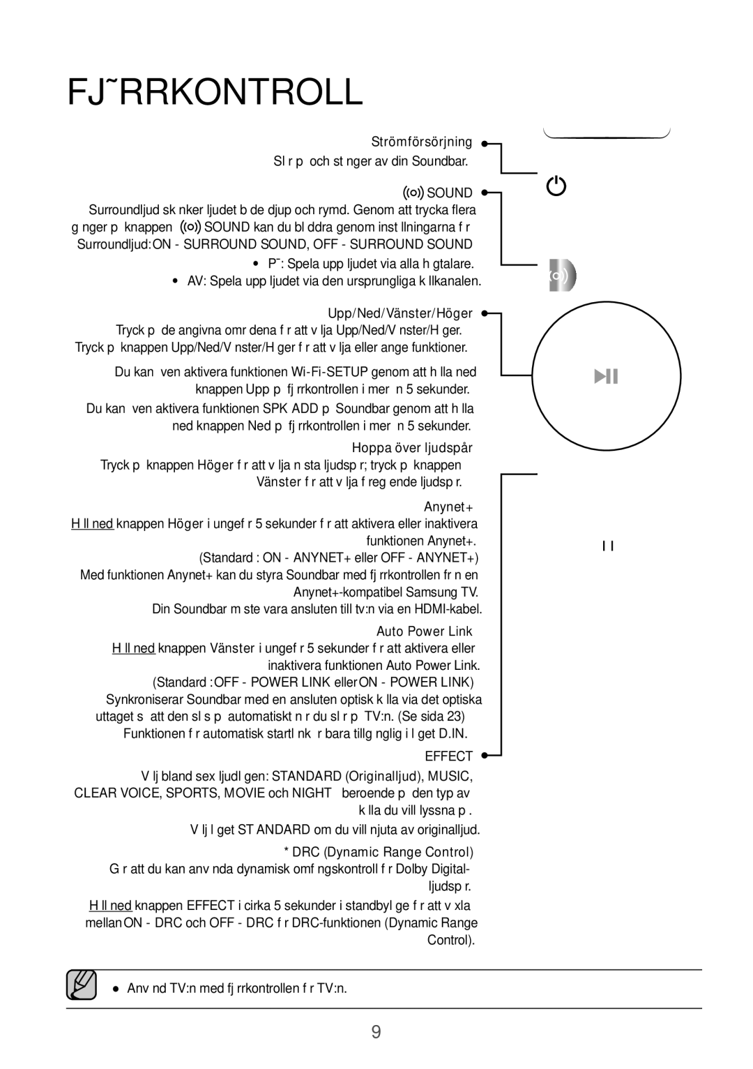 Samsung HW-K960/XE manual Fjärrkontroll, Strömförsörjning, Upp/Ned/Vänster/Höger 