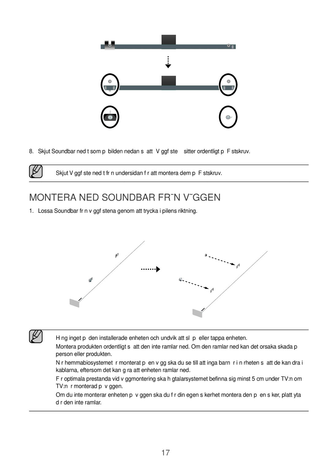 Samsung HW-K960/XE manual Montera ned Soundbar från väggen 