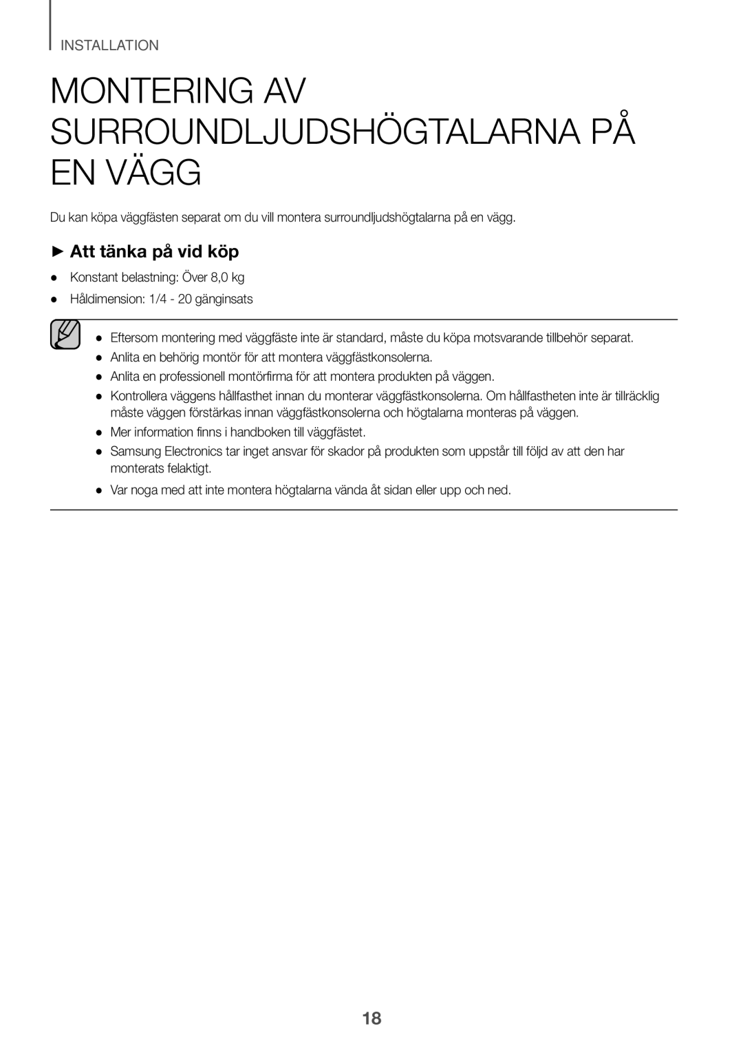 Samsung HW-K960/XE manual Montering av Surroundljudshögtalarna på en vägg, ++Att tänka på vid köp 