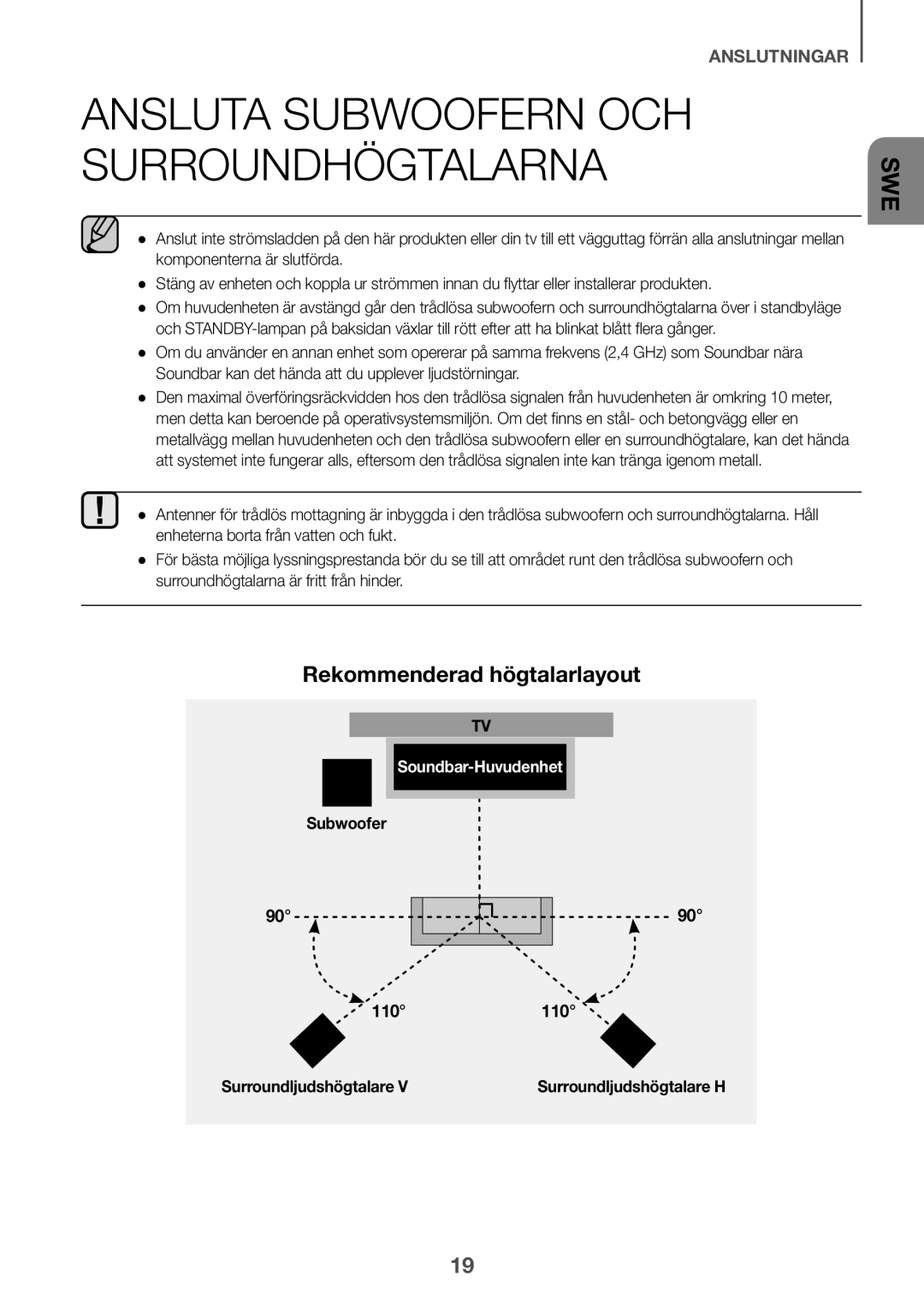 Samsung HW-K960/XE manual Ansluta Subwoofern och Surroundhögtalarna, Rekommenderad högtalarlayout, Surroundljudshögtalare H 