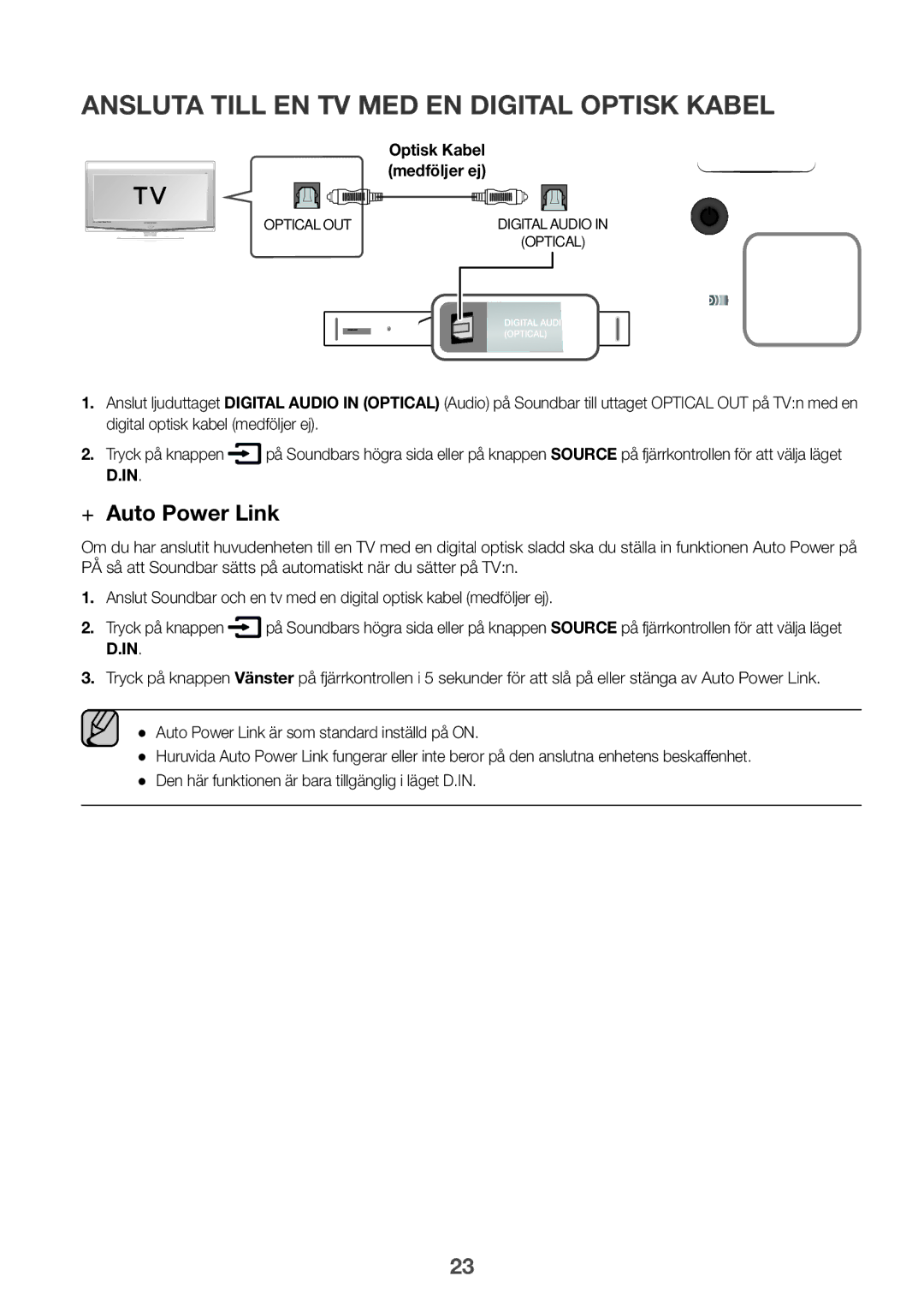 Samsung HW-K960/XE manual Ansluta till en tv med en digital optisk kabel, Optisk Kabel medföljer ej 