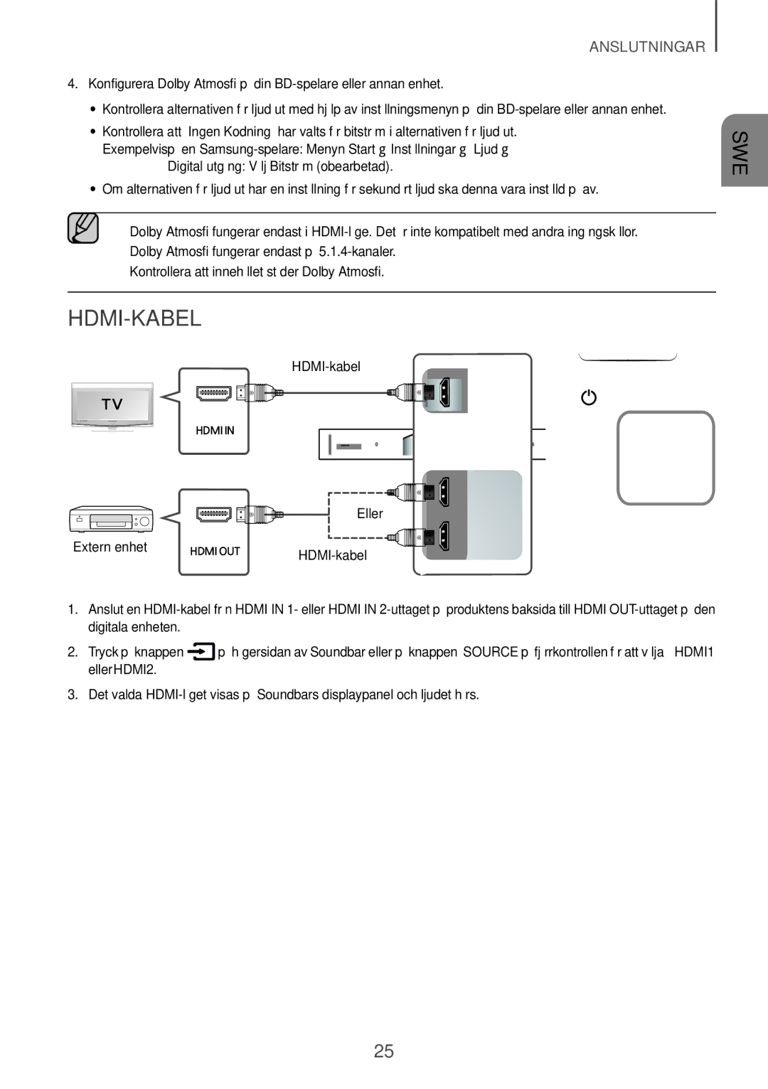 Samsung HW-K960/XE manual HDMI-kabel, Konfigurera Dolby Atmos på din BD-spelare eller annan enhet 