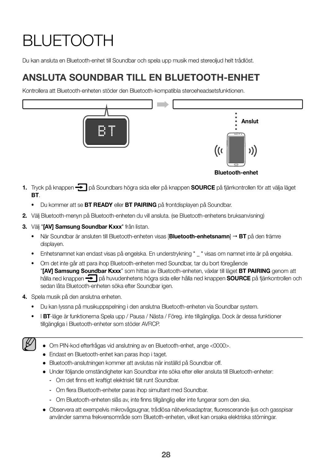 Samsung HW-K960/XE manual Ansluta Soundbar till en Bluetooth-enhet, Anslut Bluetooth-enhet Tryck på knappen 