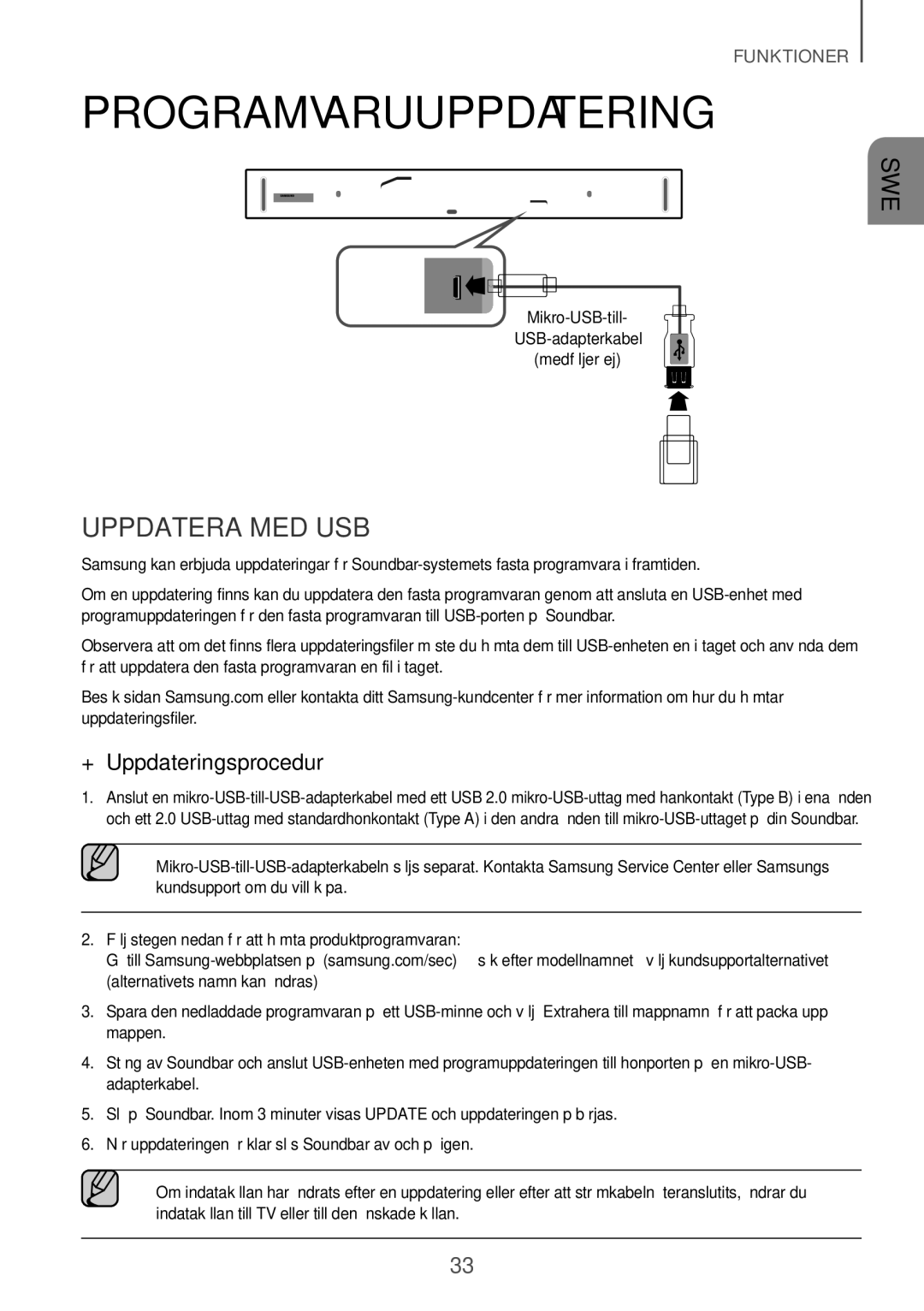 Samsung HW-K960/XE manual Programvaruuppdatering, Uppdatera med USB, ++Uppdateringsprocedur 