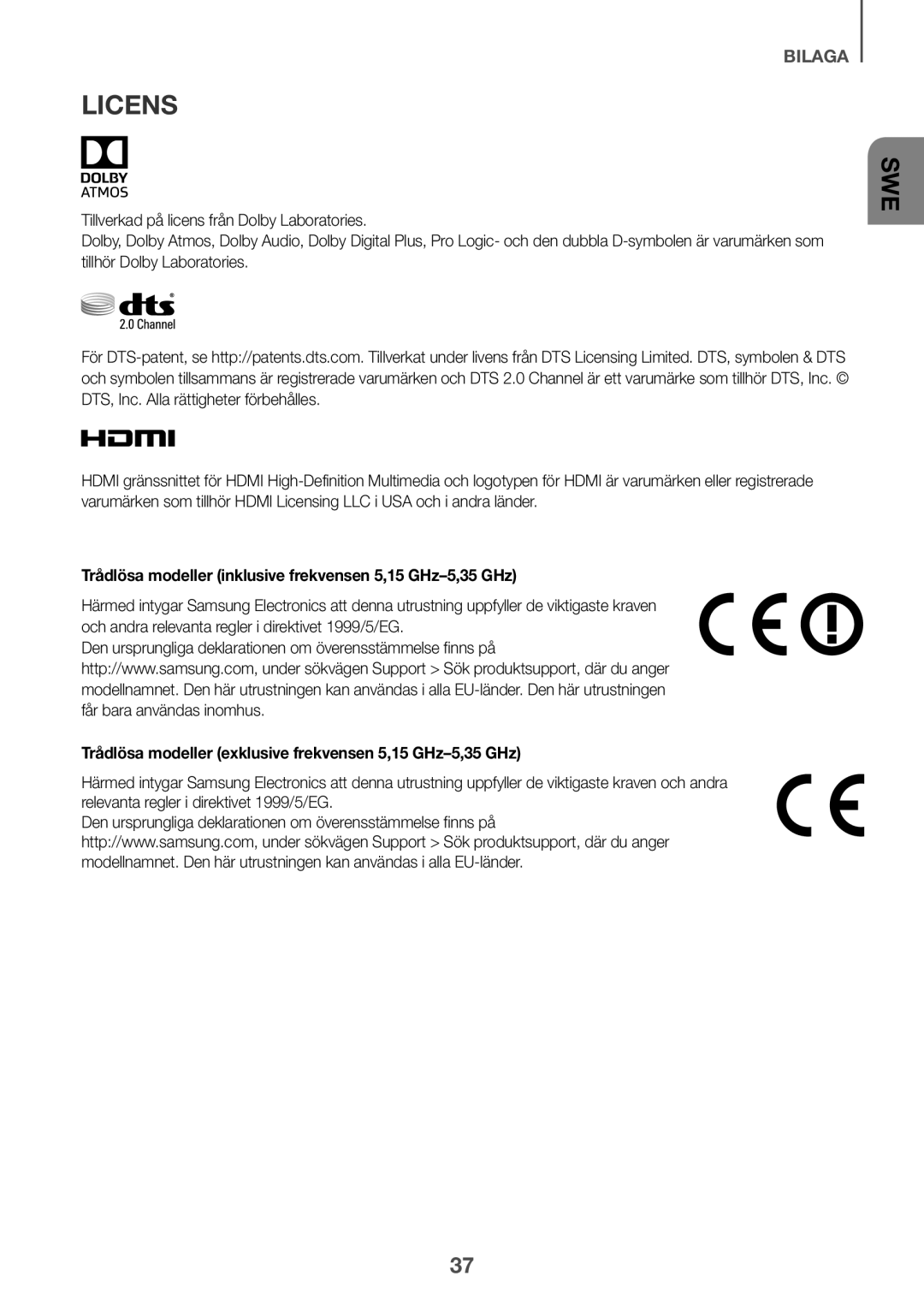 Samsung HW-K960/XE manual Trådlösa modeller inklusive frekvensen 5,15 GHz-5,35 GHz 