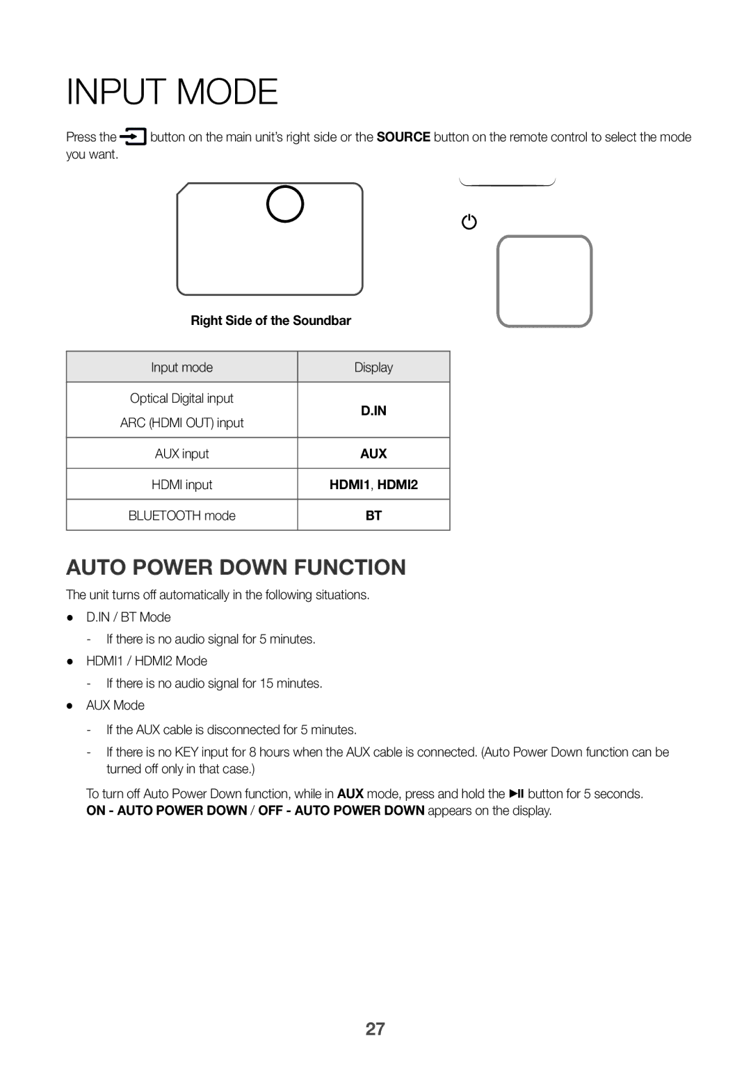 Samsung HW-K960/XE manual Input Mode, Auto Power Down Function, You want, Right Side of the Soundbar Input mode Display 