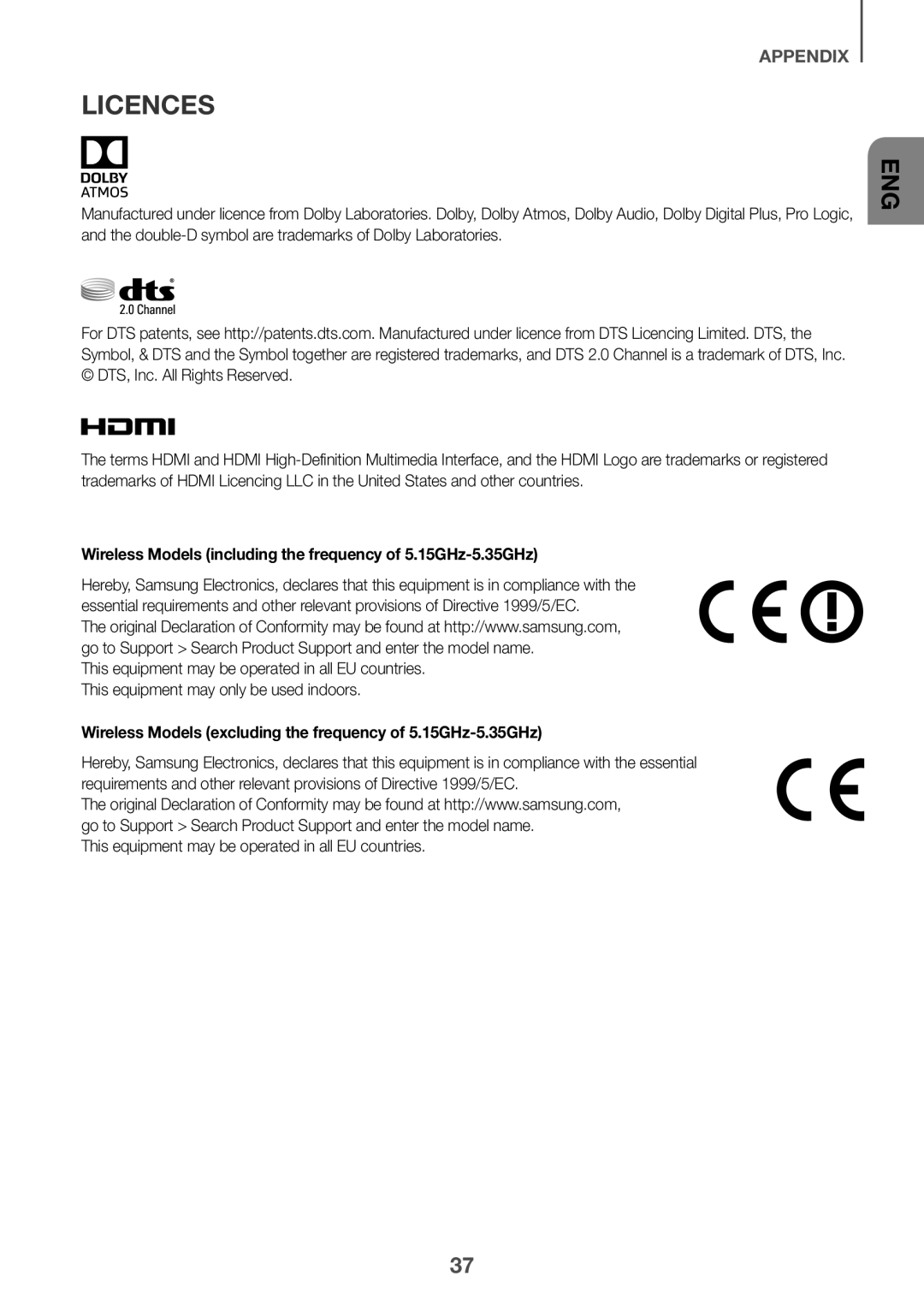 Samsung HW-K960/XE manual Licences, Wireless Models including the frequency of 5.15GHz-5.35GHz 