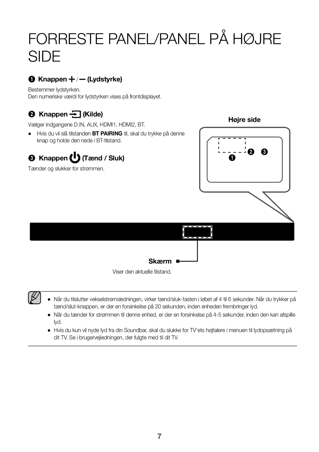 Samsung HW-K960/XE manual Forreste panel/panel på højre side, Vælger indgangene D.IN, AUX, HDMI1, HDMI2, BT 