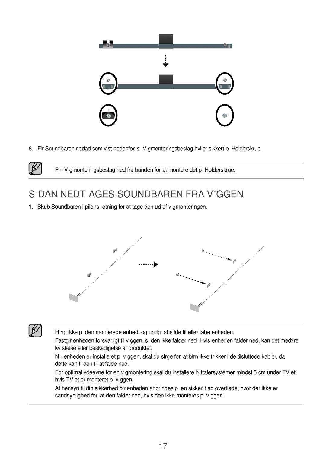 Samsung HW-K960/XE manual Sådan nedtages Soundbaren fra væggen 